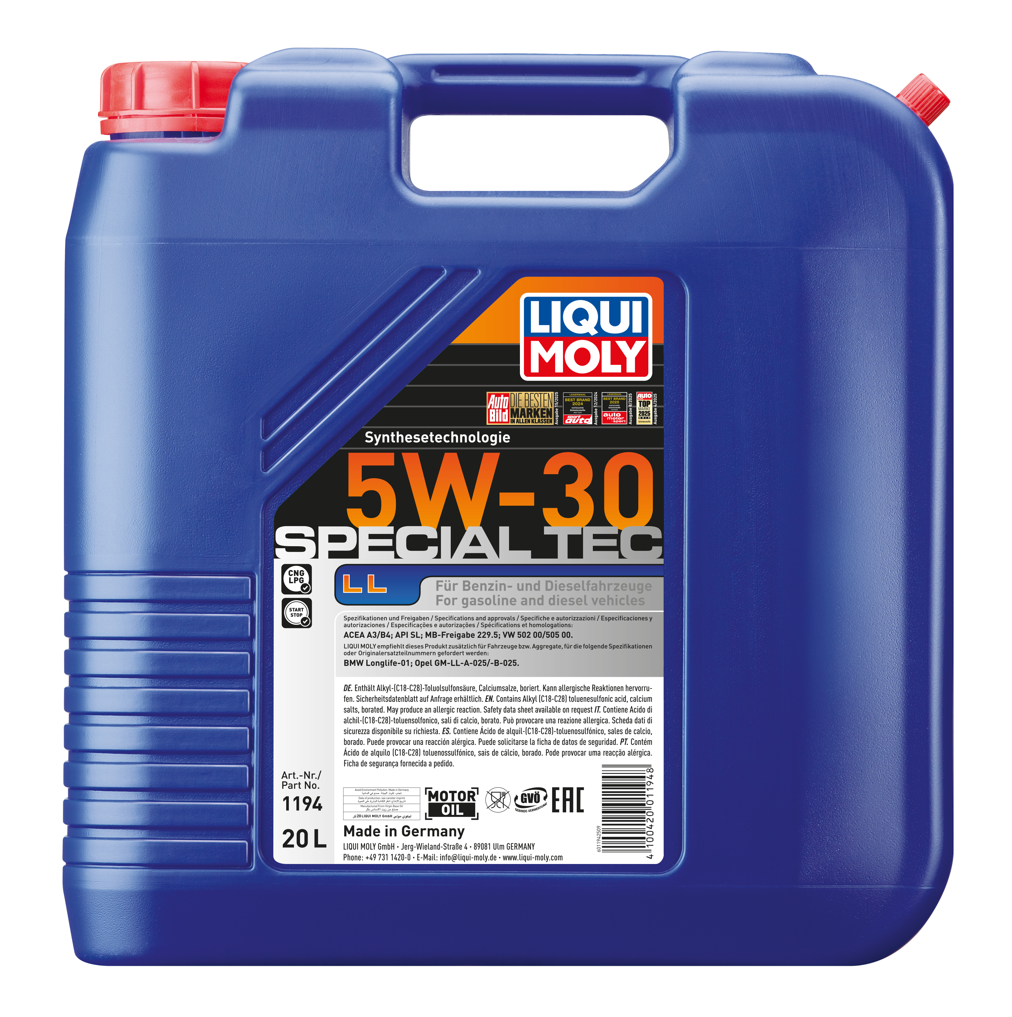 Liqui Moly Special Tec LL 5W-30 engine oil container with label showing product details and brand logo.
