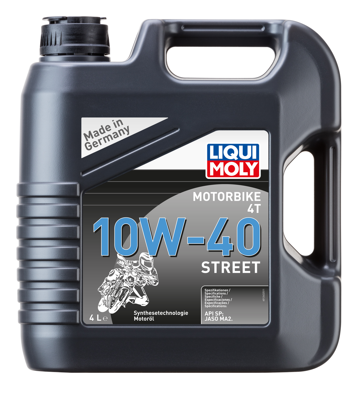 Liqui Moly Motorbike 4T 10W-40 Street motorcycle engine oil container with label and cap.