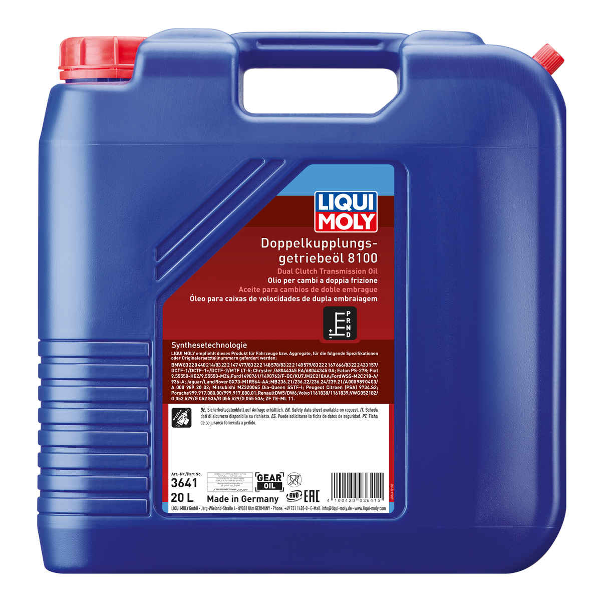 Liqui Moly Dual Clutch Transmission Oil 8100 gearbox fluid bottle with orange cap and label, designed for dual clutch transmissions.