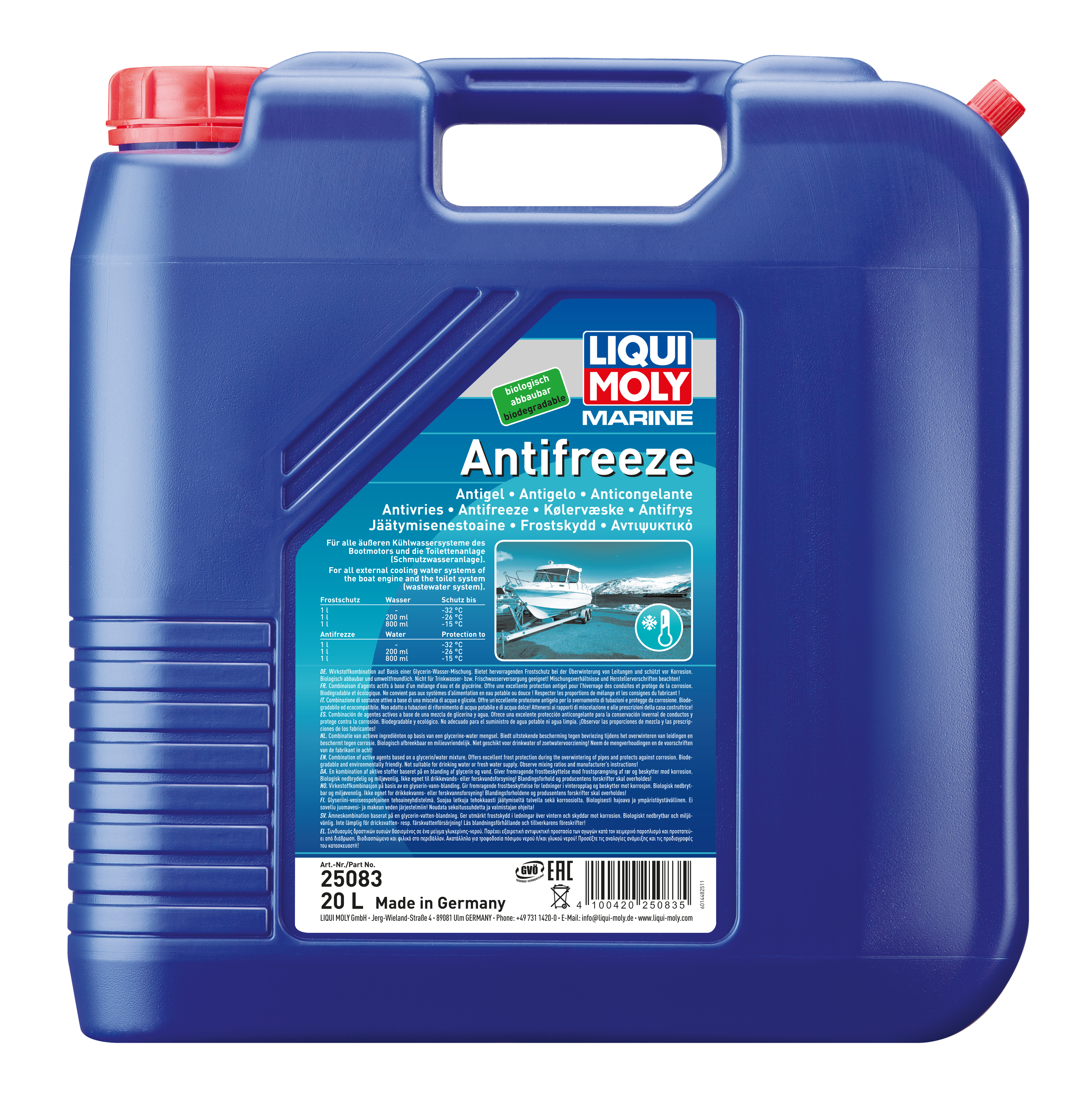 Marine antifreeze from Liqui Moly, showing a container of Liqui Moly Marine Antifreeze for boat engine cooling.