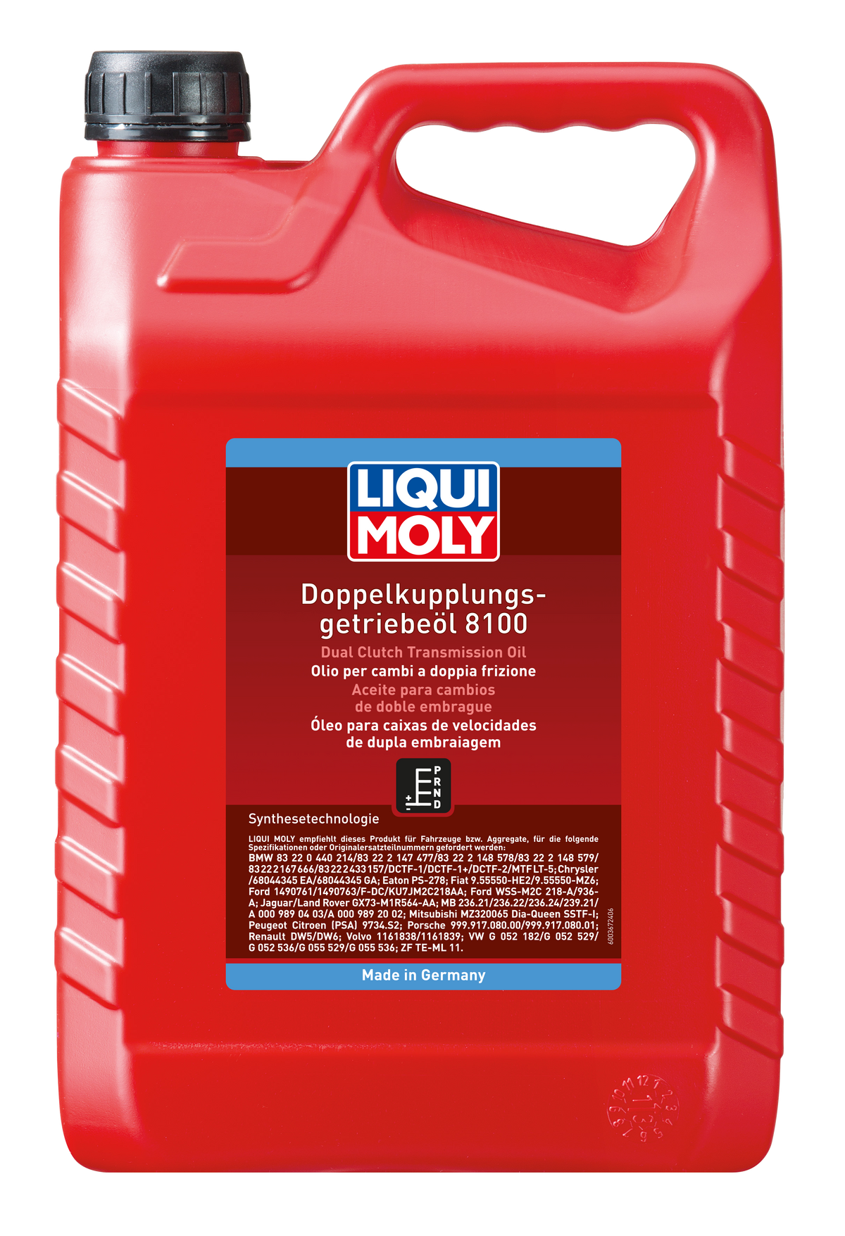 Liqui Moly Dual Clutch Transmission Oil 8100 gearbox fluid bottle with label and cap, designed for dual clutch transmissions.