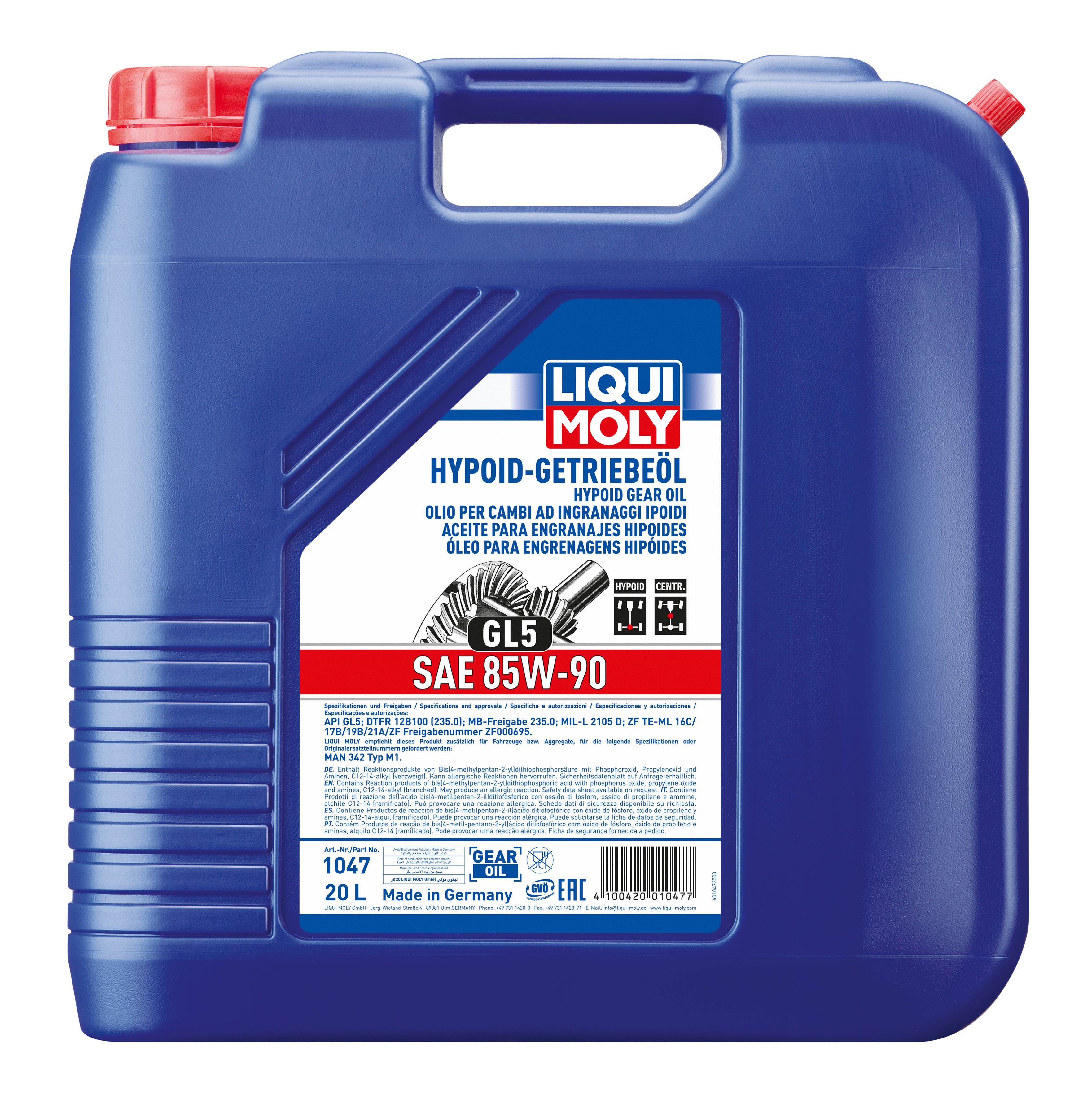 Liqui Moly Hypoid Gear Oil GL5 SAE 85W-90 gearbox fluid container with label showing product details and brand logo.