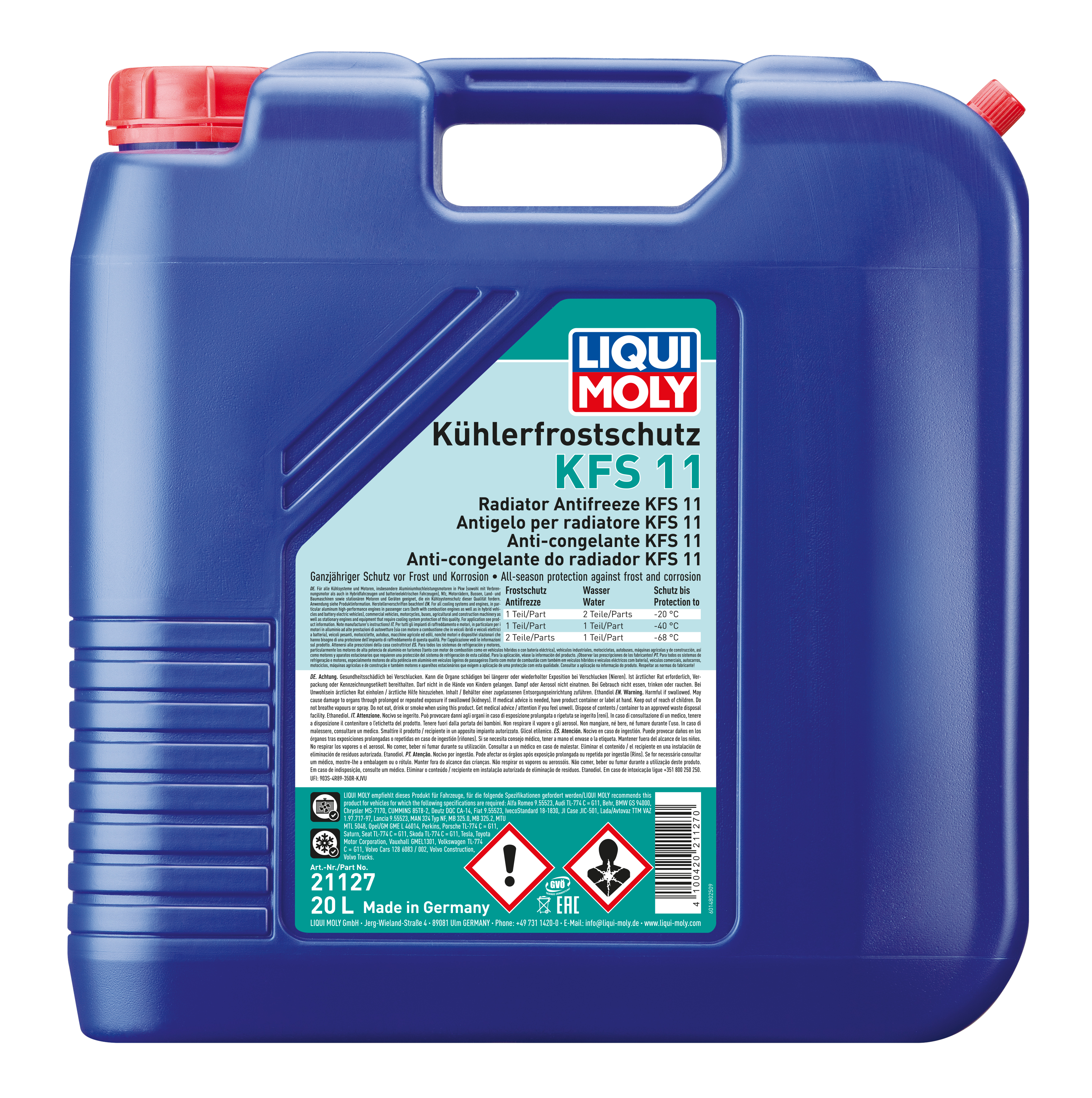 Liqui Moly Radiator Antifreeze KFS 11 coolant container, yellow liquid inside a clear bottle with a black cap.