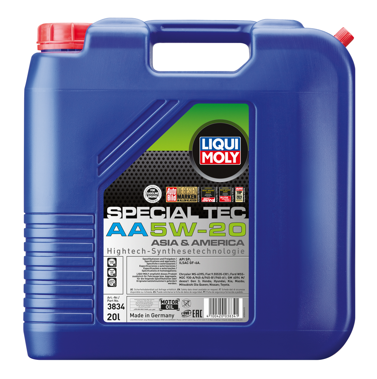 Liqui Moly Special Tec AA 5W-20 engine oil bottle with label and cap, designed for automotive engine lubrication.