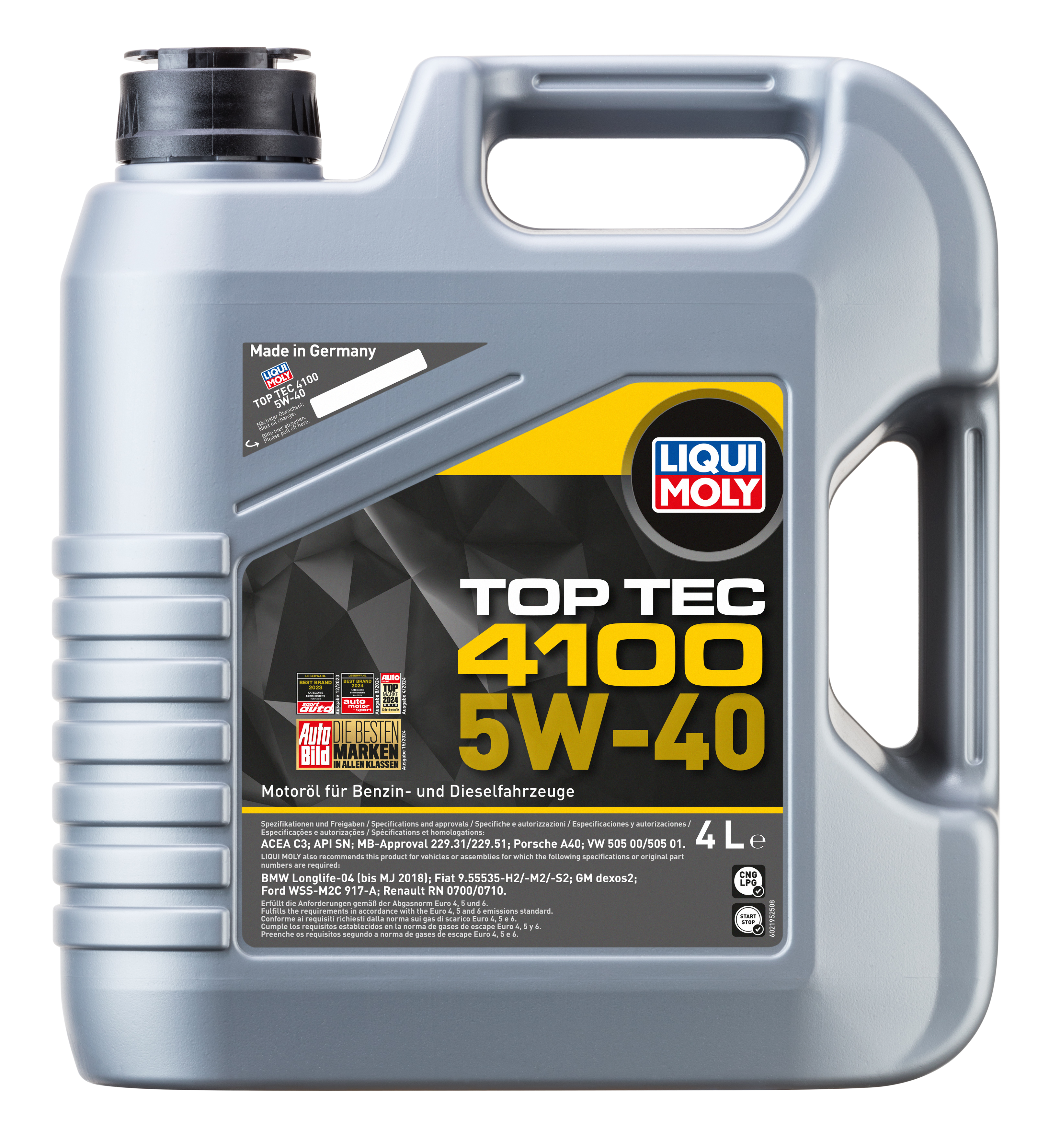 Liqui Moly Top Tec 4100 5W-40 engine oil bottle with label and cap, designed for automotive engine lubrication.