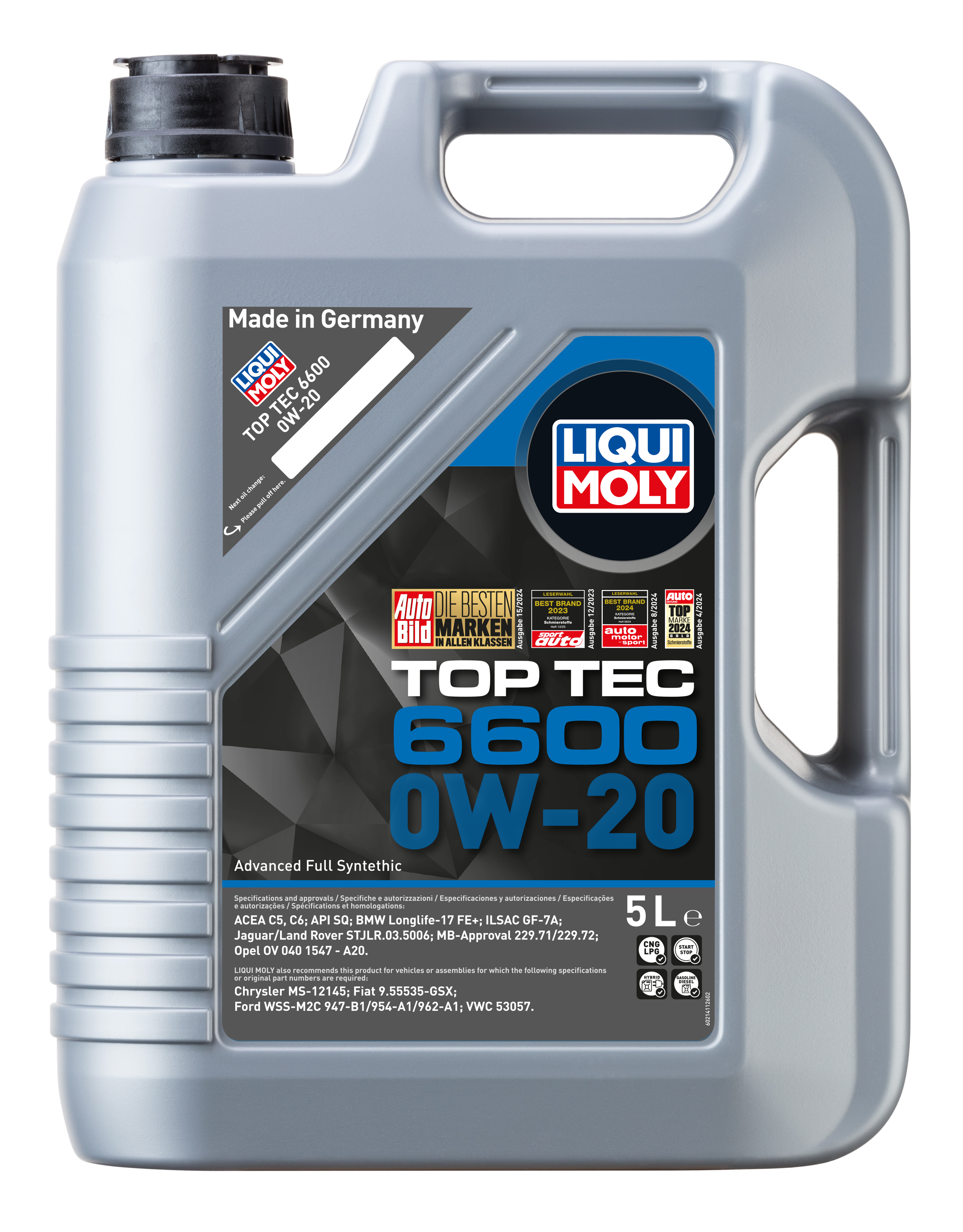 Liqui Moly Top Tec 6600 0W-20 engine oil container, high-quality motor oil for vehicle lubrication and engine performance.