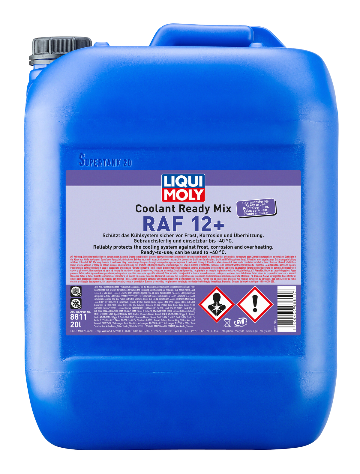 Liqui Moly Cool Ready Mix RAF12 Plus coolant container with label showing product details and branding.
