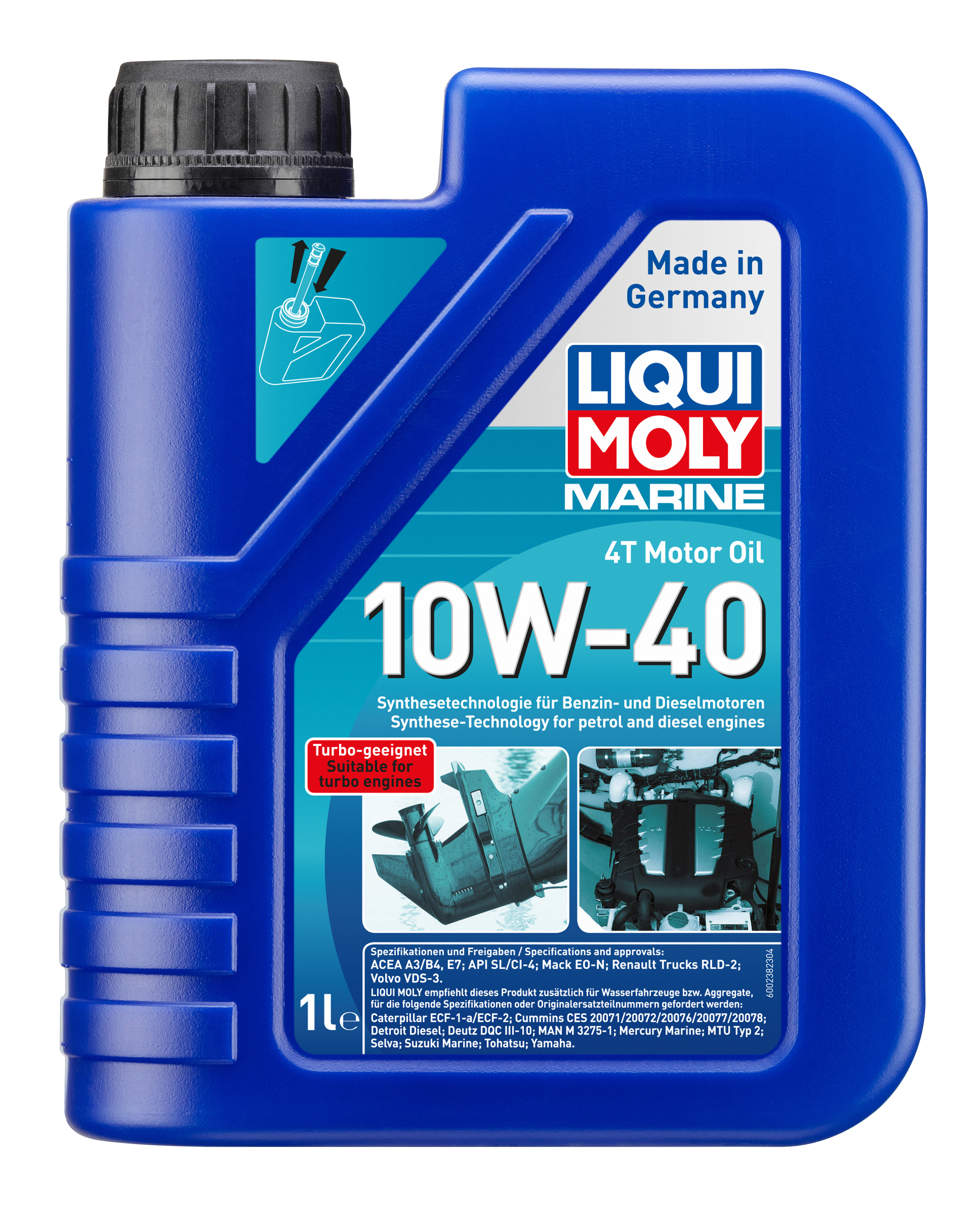 Liqui Moly Marine 4T 10W-40 motor oil bottle with label, designed for marine engines, displayed on a white background.