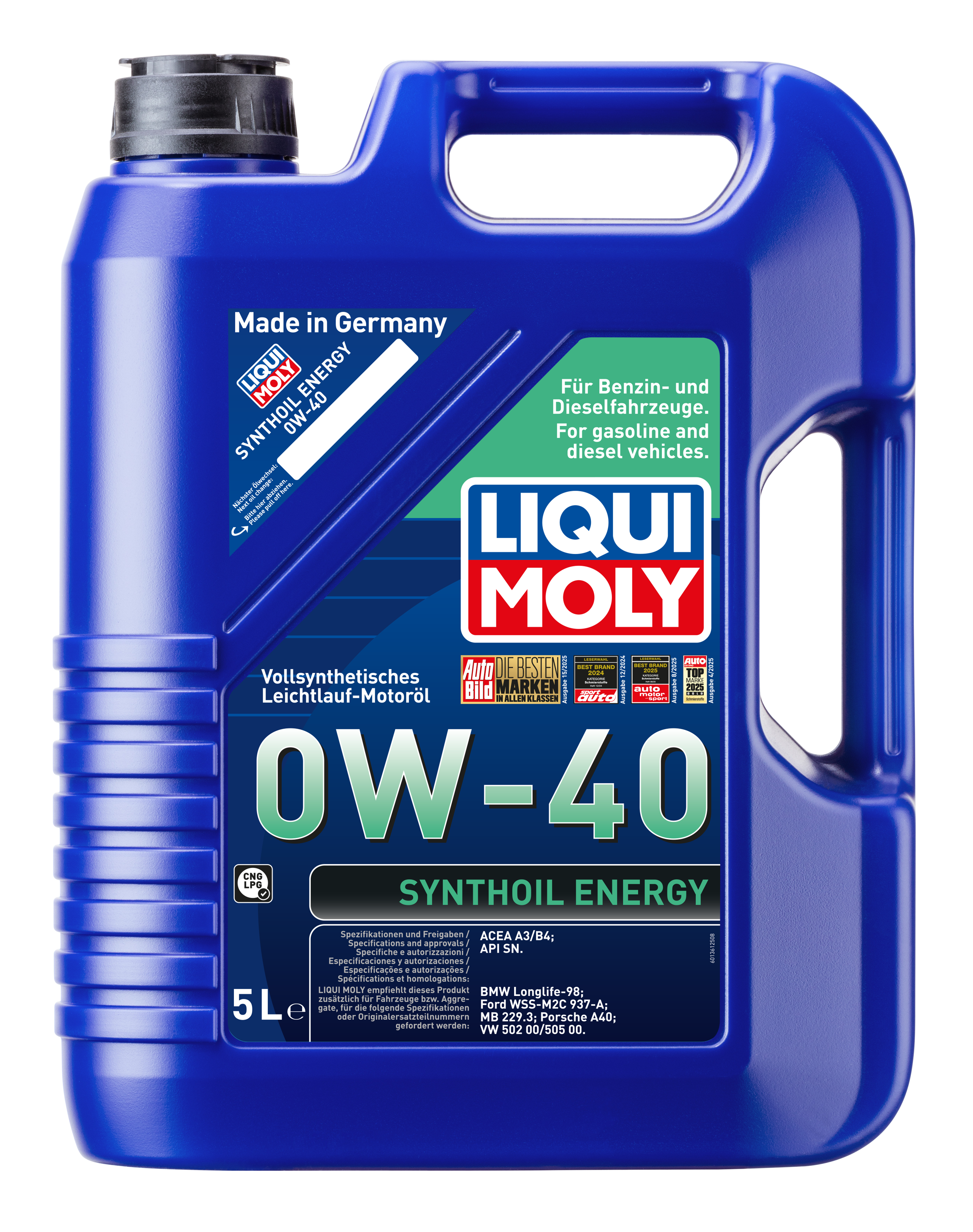 Liqui Moly Synthoil Energy 0W-40 engine oil bottle with label, designed for car engine lubrication and performance.