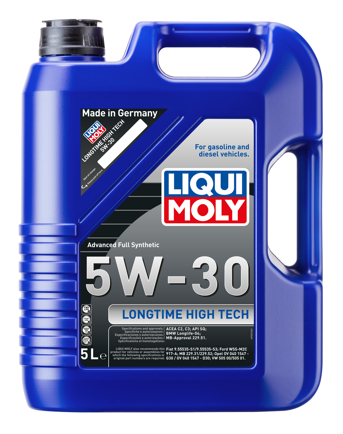 Liqui Moly Longtime High Tech 5W-30 engine oil container with product label and branding visible.