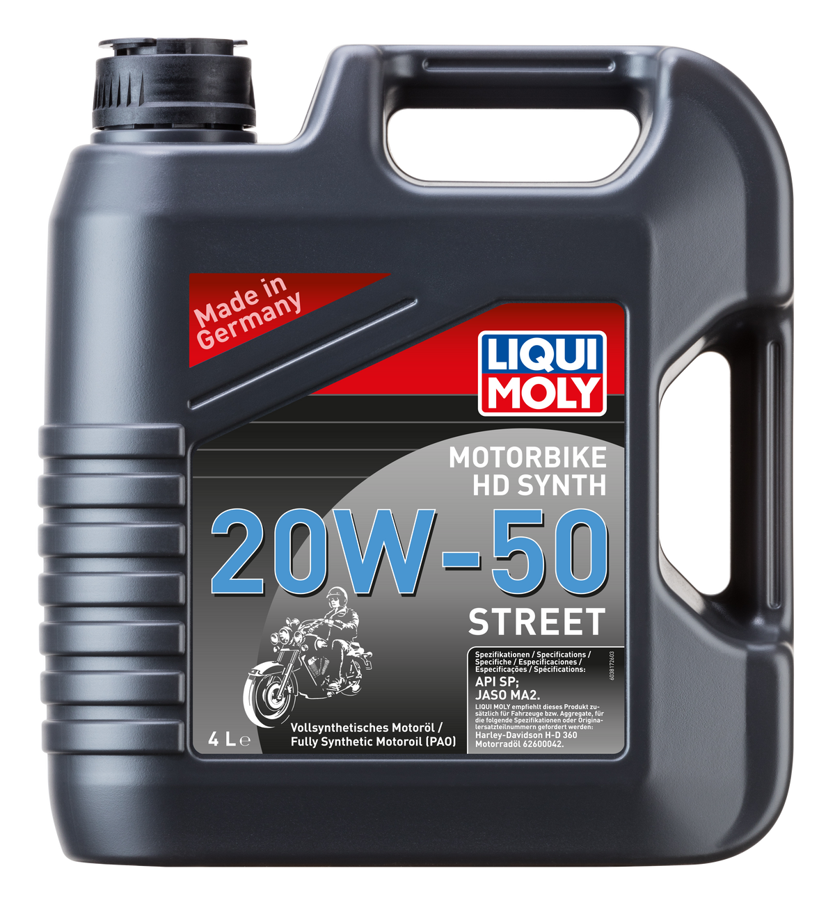 Liqui Moly Motorbike HD Synth 20W-50 motorcycle engine oil bottle with label and cap.