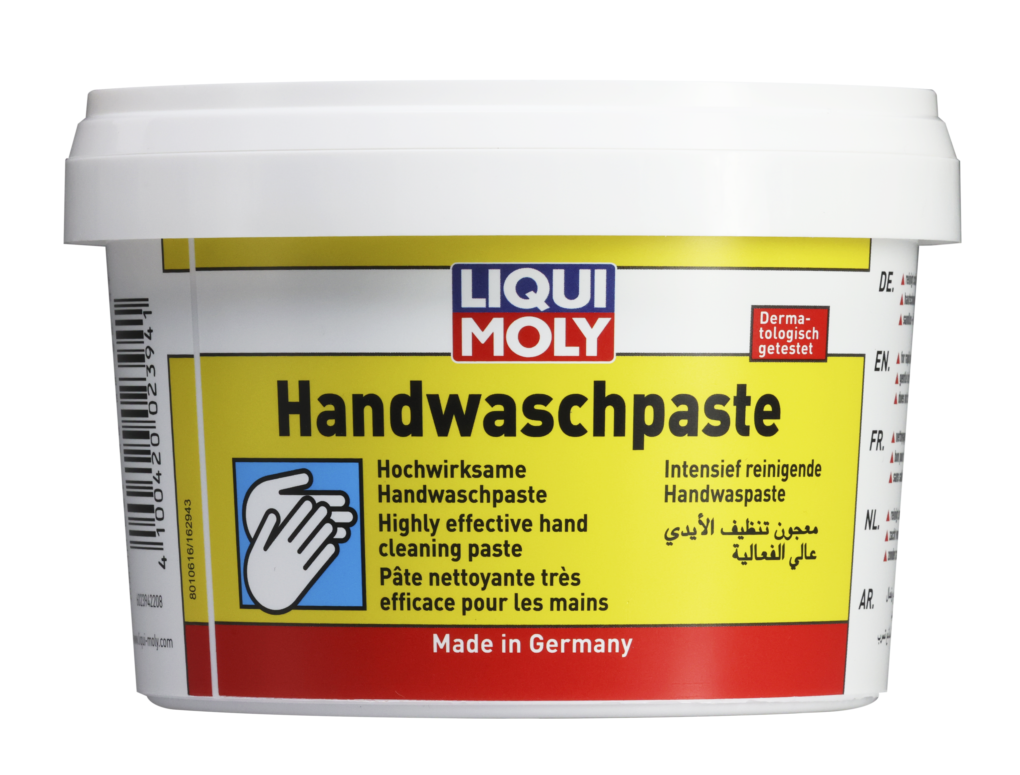 Liqui Moly Hand Cleaning Paste for grease and lubricants removal, featuring a jar with the product label and a spatula applicator.