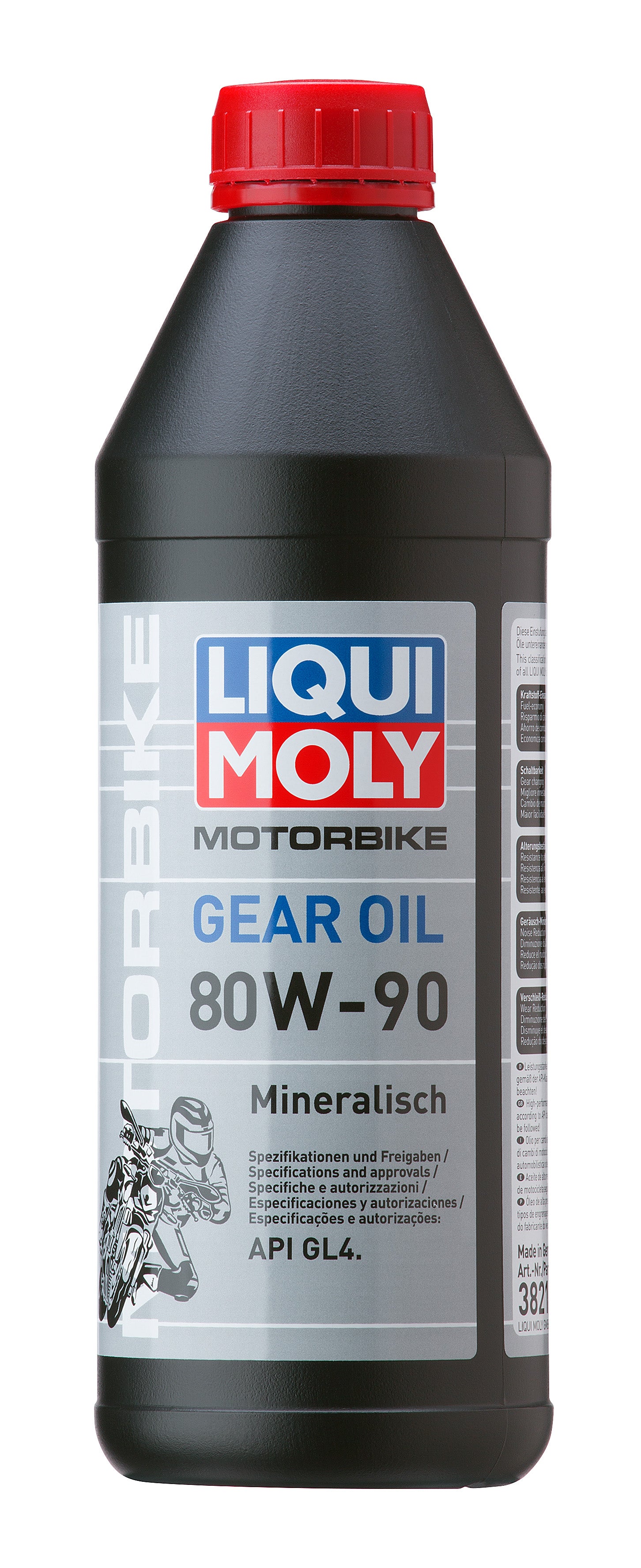 Liqui Moly Motorbike Gear Oil 80W-90 1L container, motorcycle gear oil with brand label and cap, placed on a plain background.