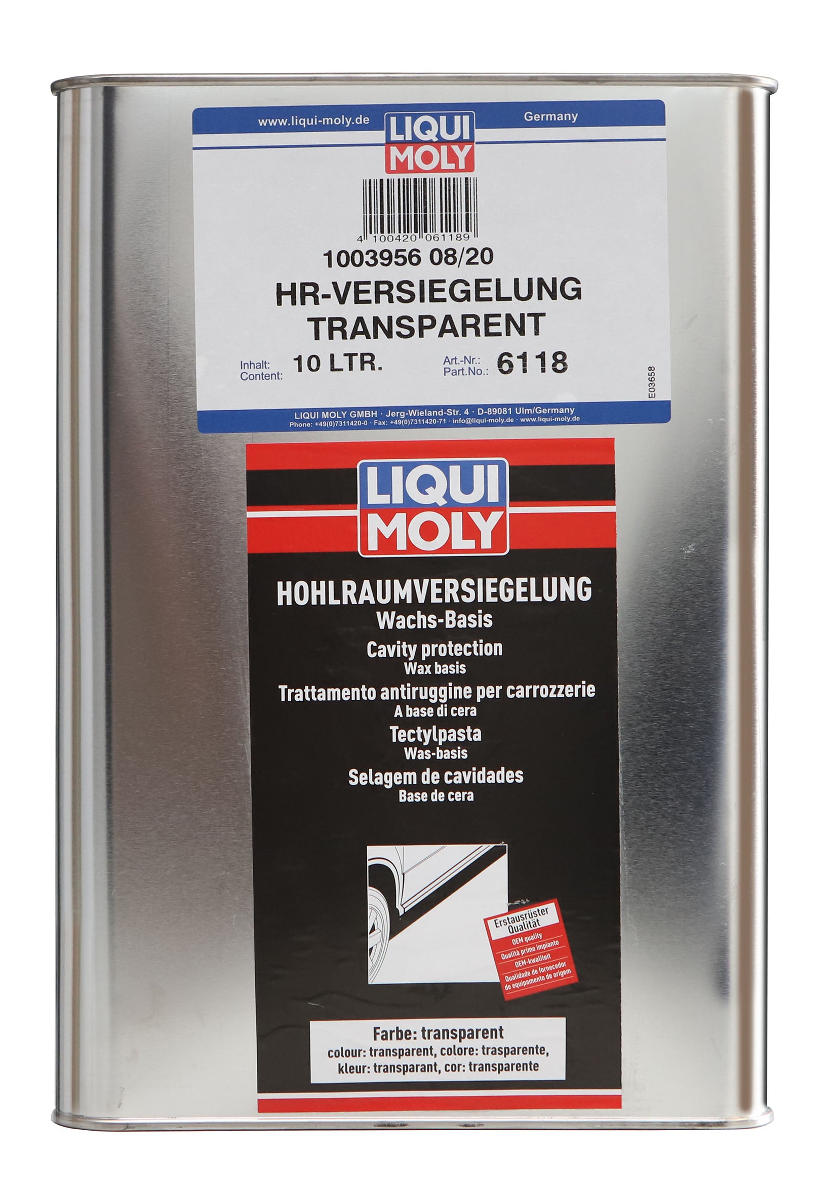 Liqui Moly Cavity Protection Transparent adhesive and sealant for automotive use, shown in a clear tube with applicator nozzle.