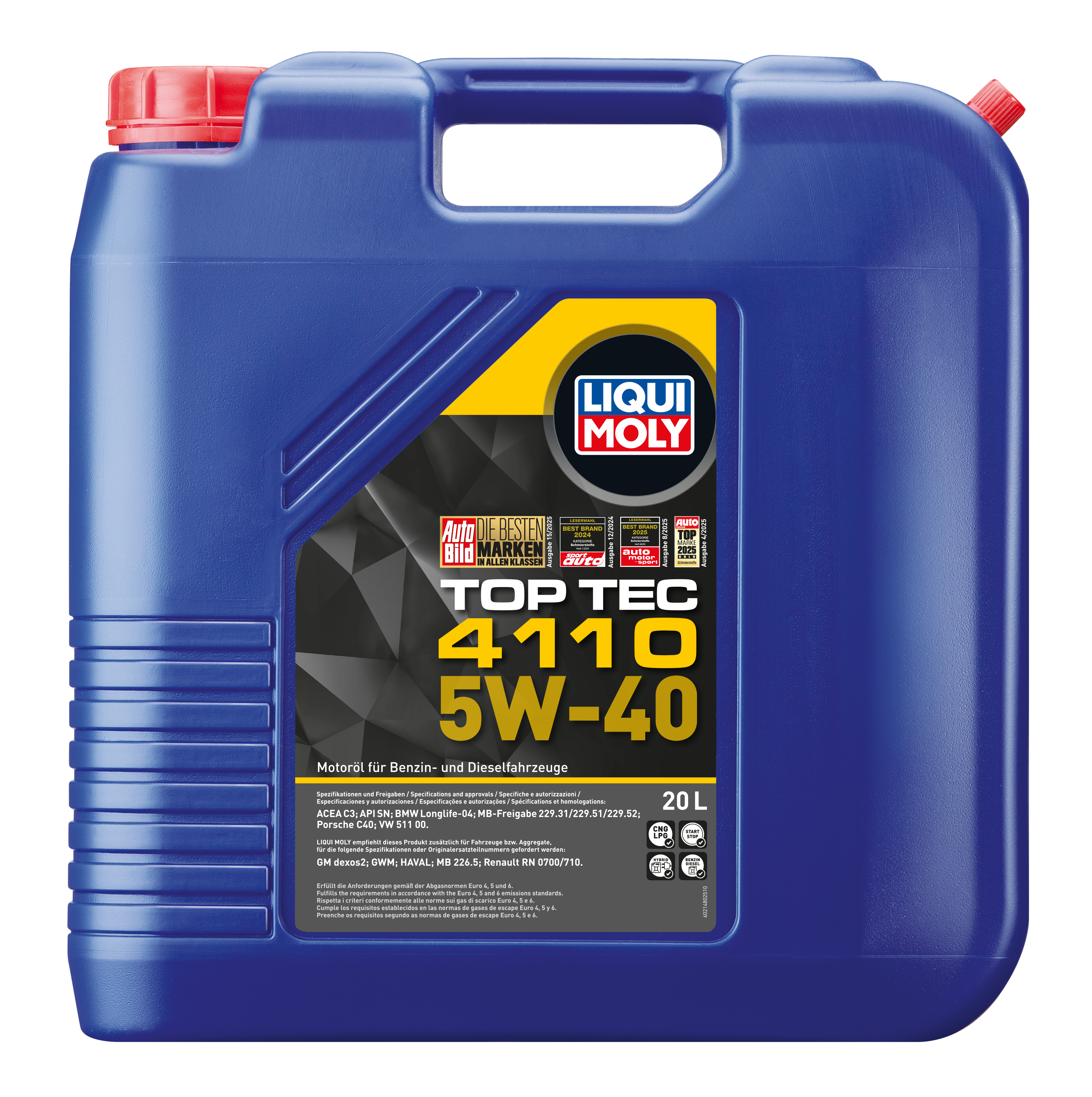 Liqui Moly Top Tec 4110 5W-40 engine oil container with brand label and product details in view.