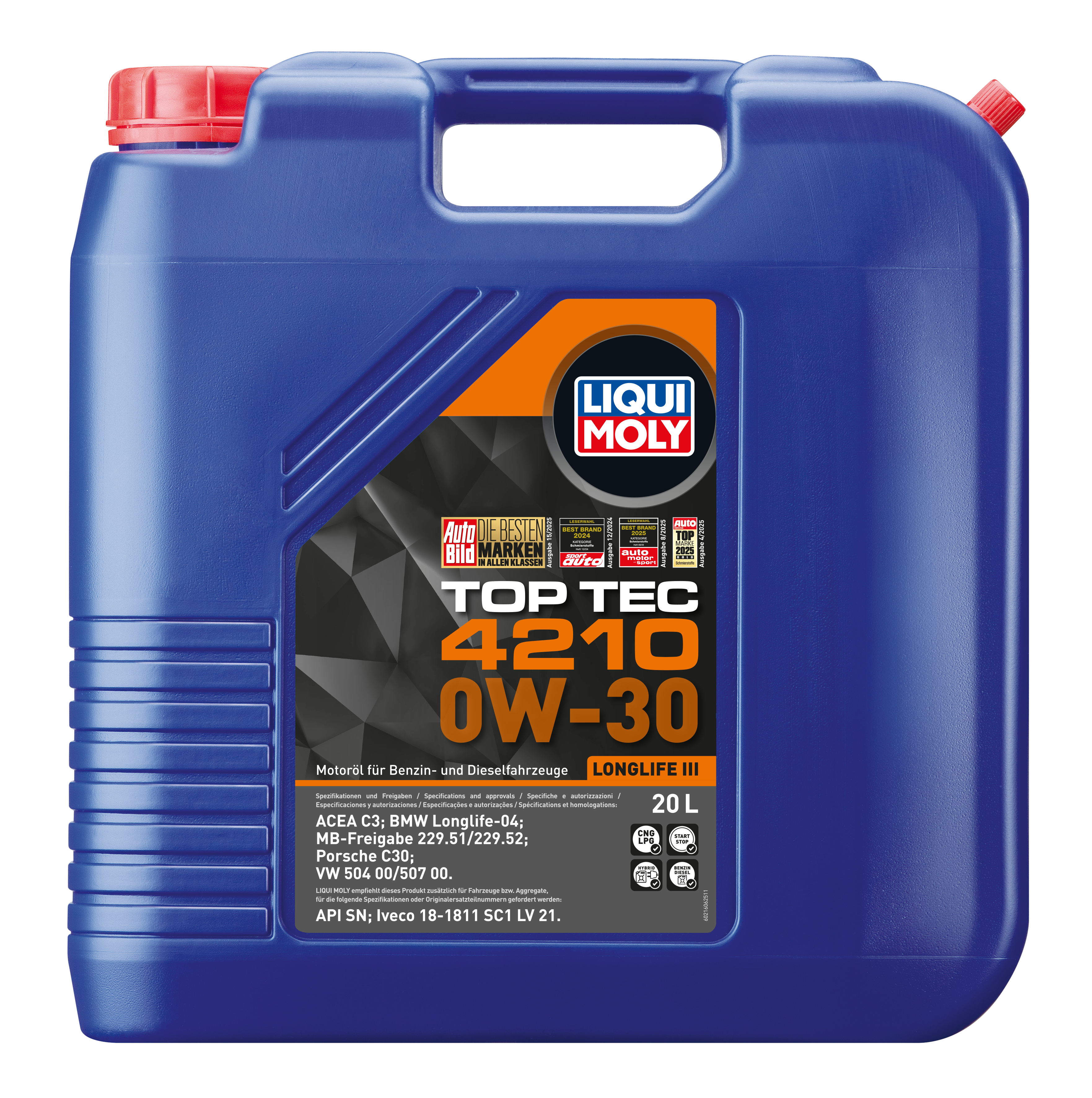 Liqui Moly Top Tec 4210 0W-30 engine oil container with label, suitable for car engines, in a professional setting
