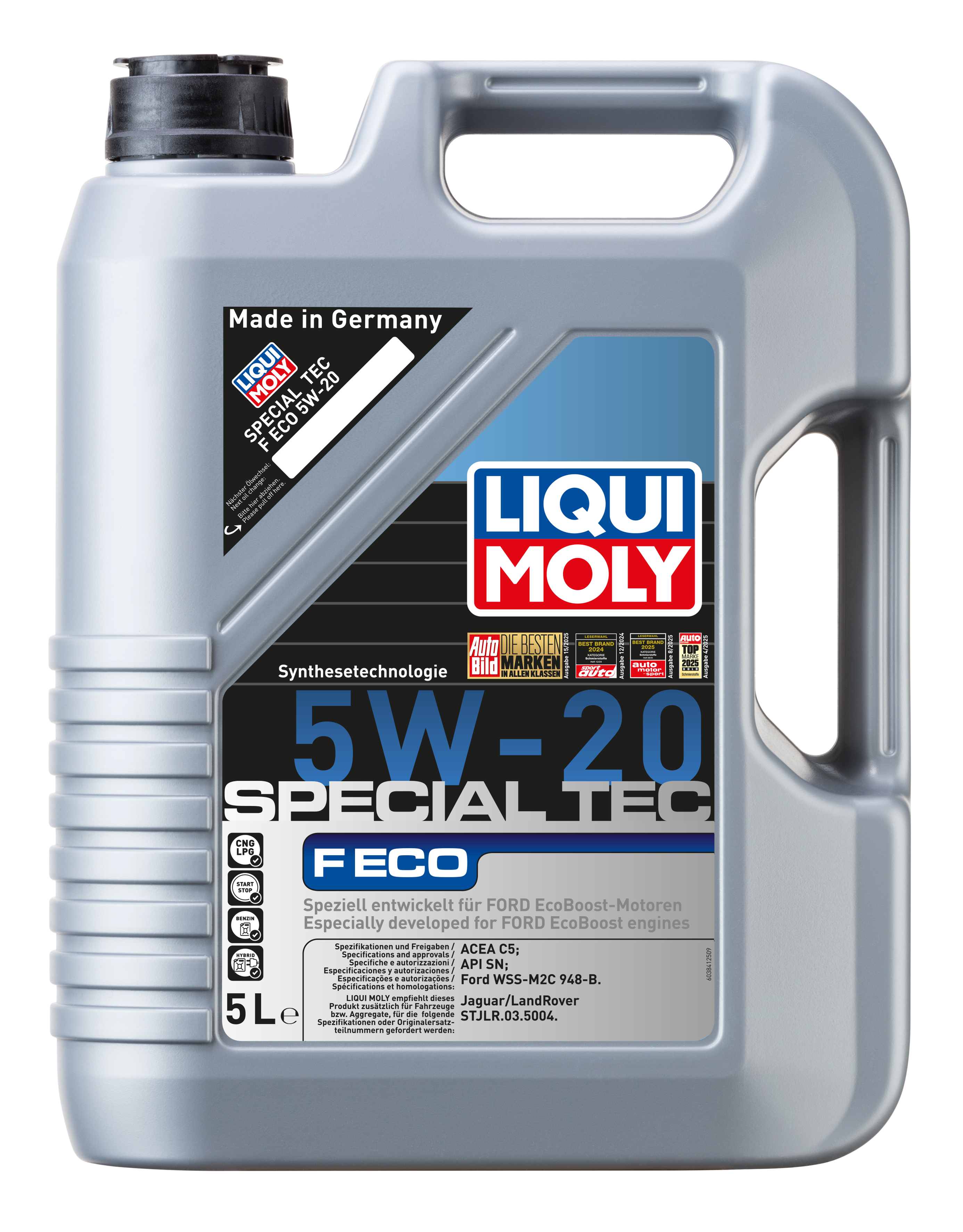 Liqui Moly Special Tec F Eco 5W-20 engine oil bottle with label showing product details and branding.