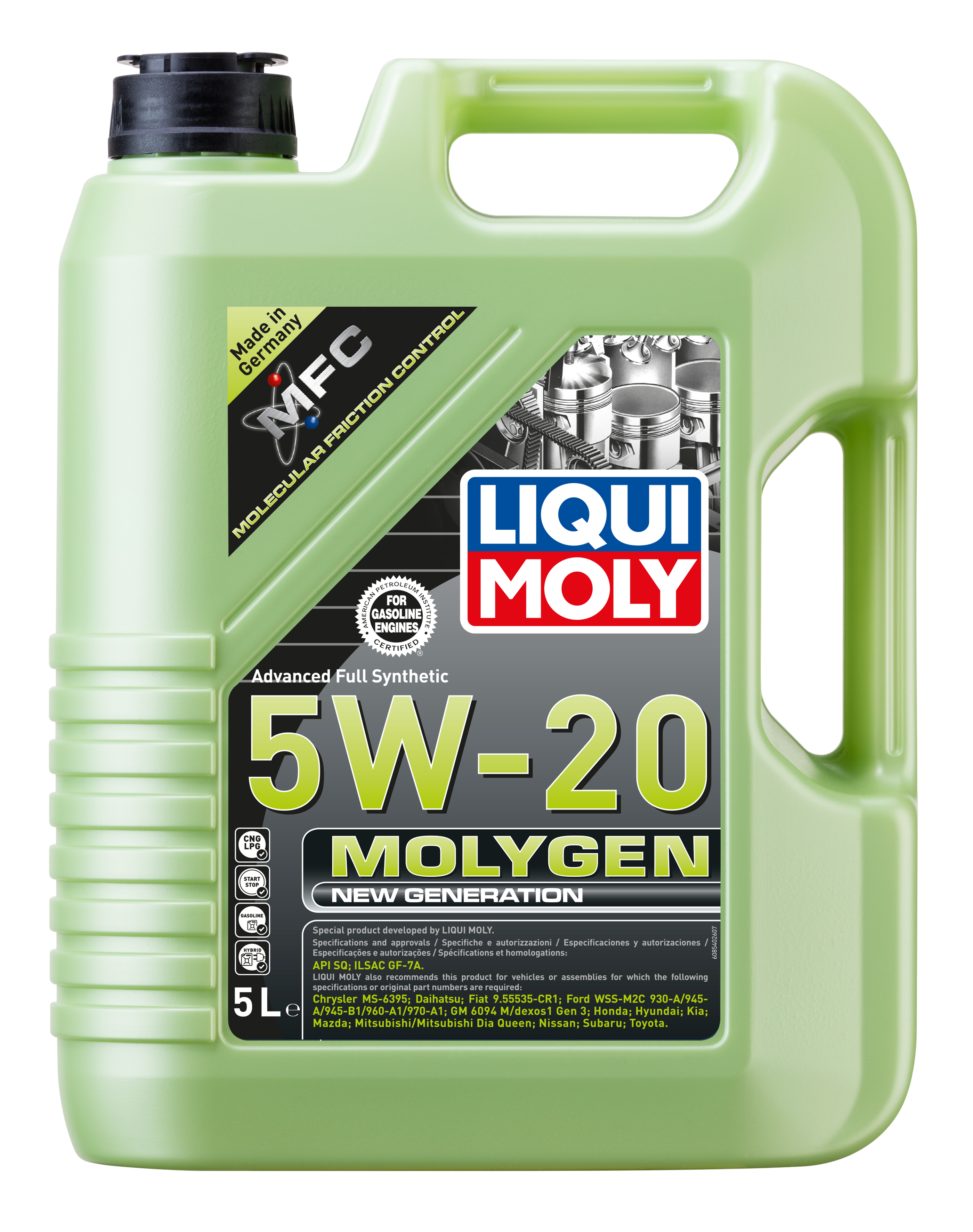 Liqui Moly Molygen New Generation 5W-20 engine oil container with label showing product details and brand logo.