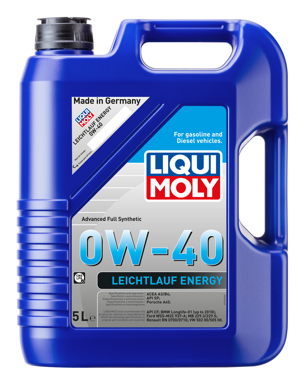 Liqui Moly Smooth Running Energy 0W-40 engine oil bottle with label and cap, designed for vehicle engine lubrication.
