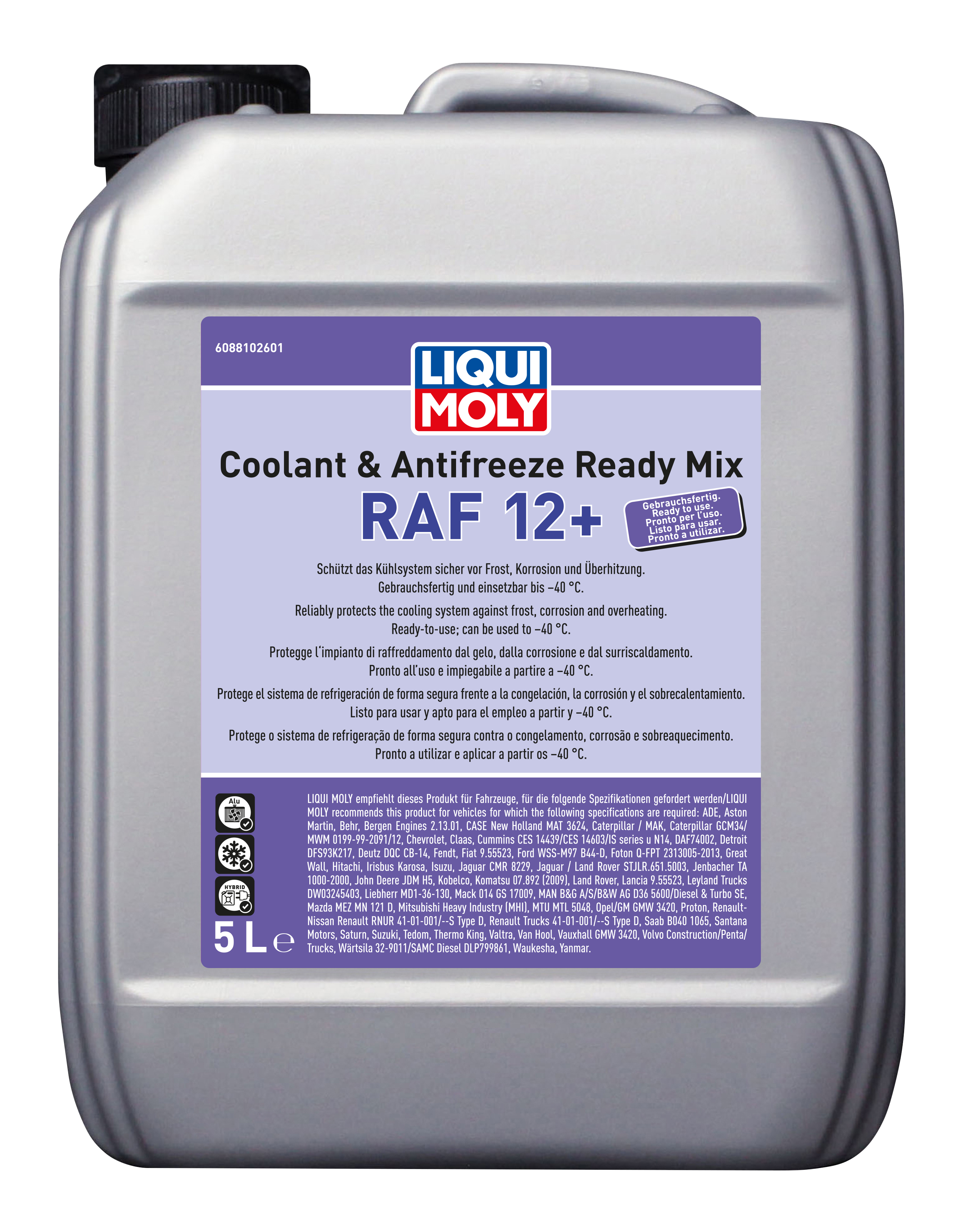 Liqui Moly Cool Ready Mix RAF12 Plus coolant container with label and bright blue liquid inside.