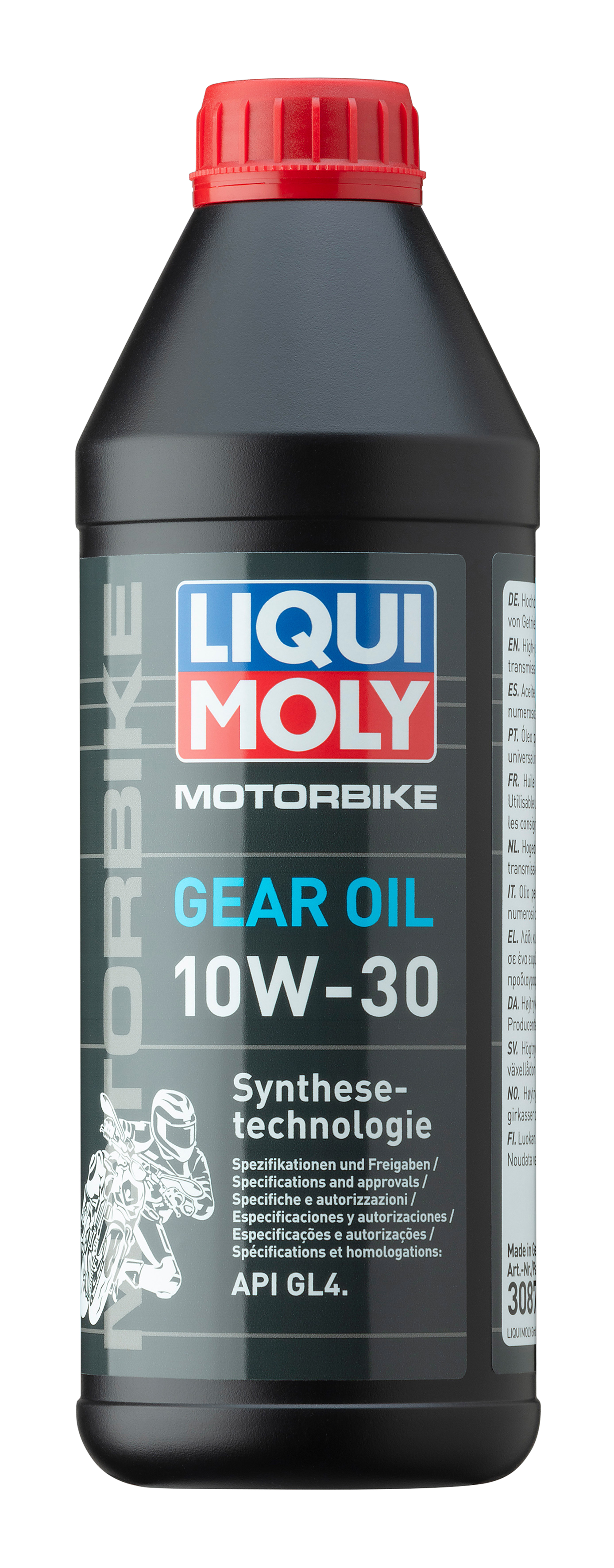 Liqui Moly motorbike gear oil 10W-30 1L container with label showing product details for motorcycle transmission lubrication.