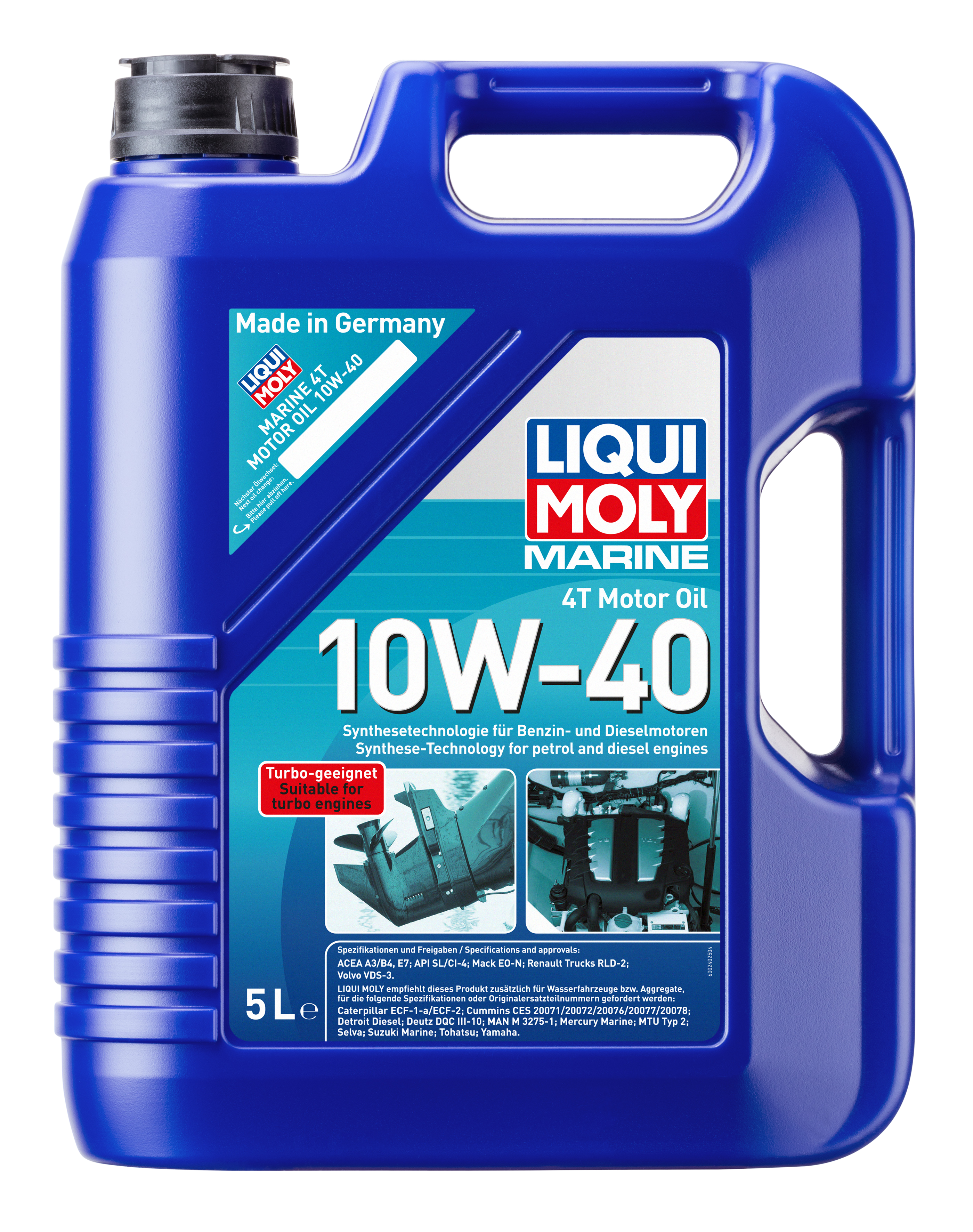 Liqui Moly Marine 4T Motor Oil 10W-40 bottle, marine engine oil product with label and cap, designed for 4-stroke marine engines.