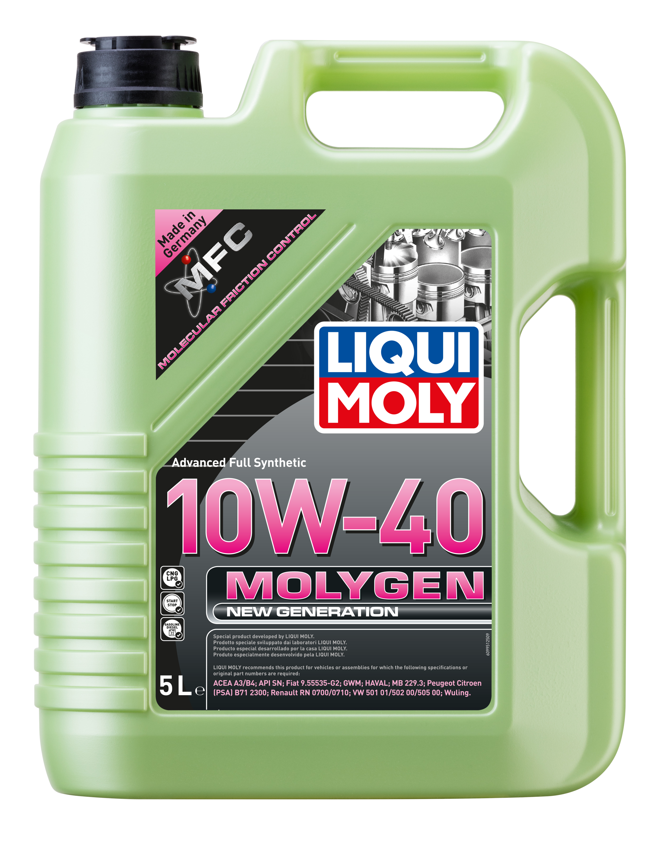 Liqui Moly Molygen New Generation 10W-40 engine oil bottle with label and cap, designed for automotive engine lubrication.