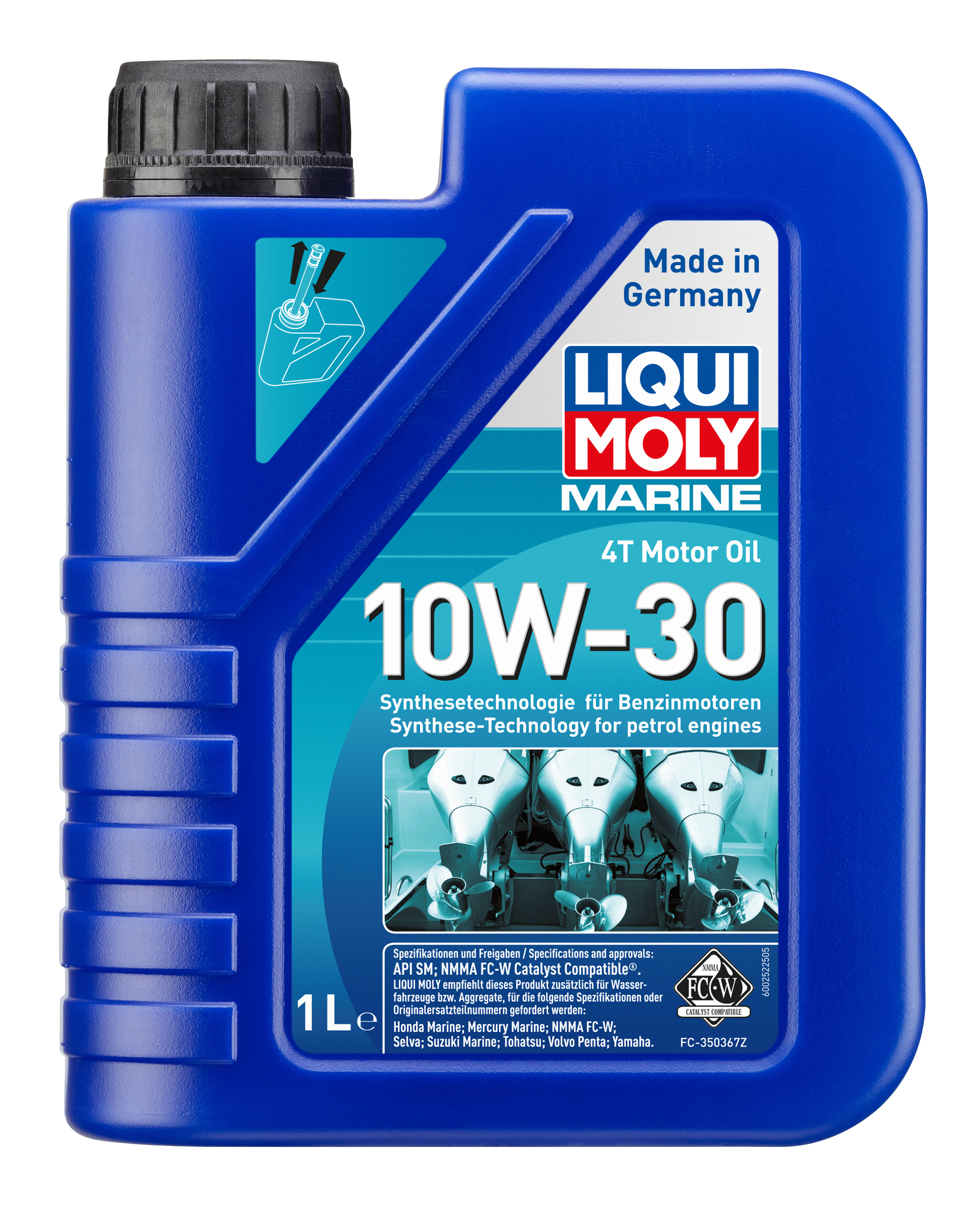 Liqui Moly Marine 4T Motor Oil 10W-30 bottle with label, designed for marine motorcycle engines, in a clear view.