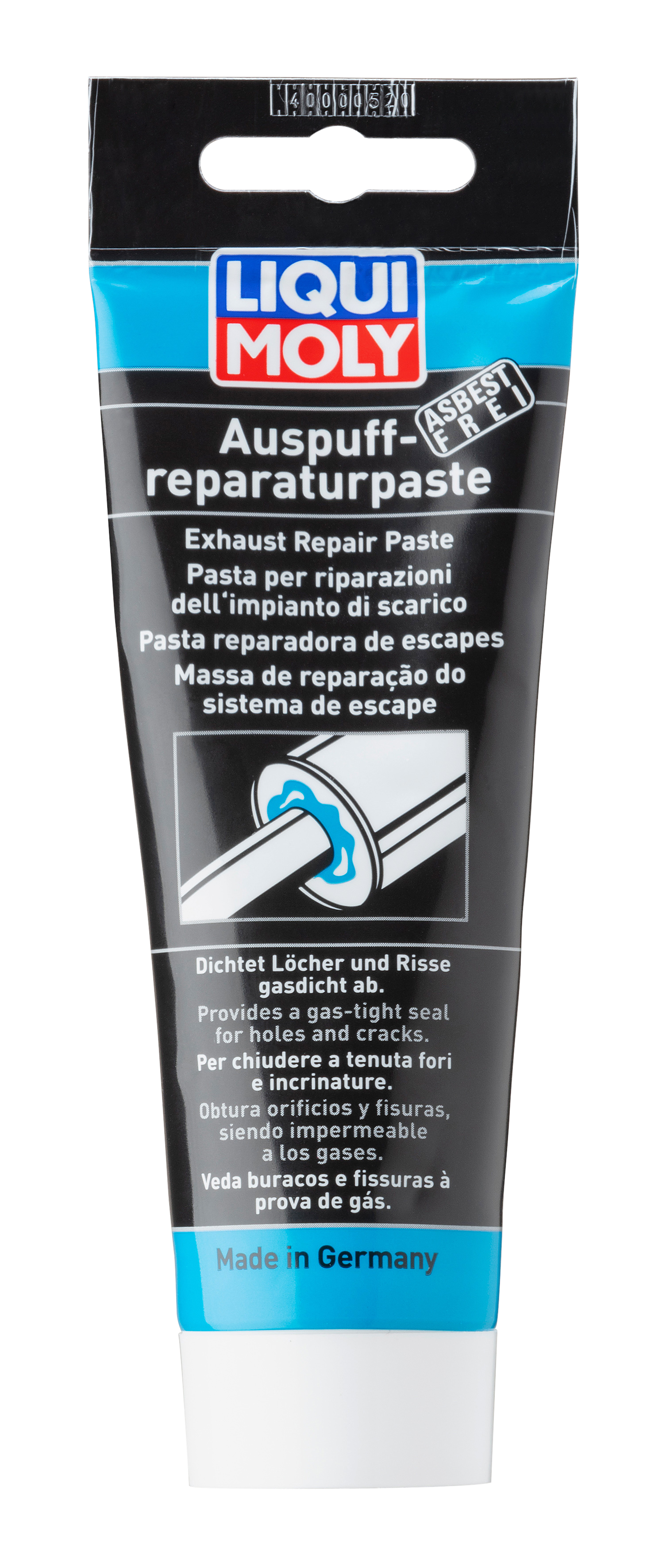 Liqui Moly Exhaust Repair Paste 200g tube, adhesive and sealant for repairing exhaust systems, with a close-up of the product tube.