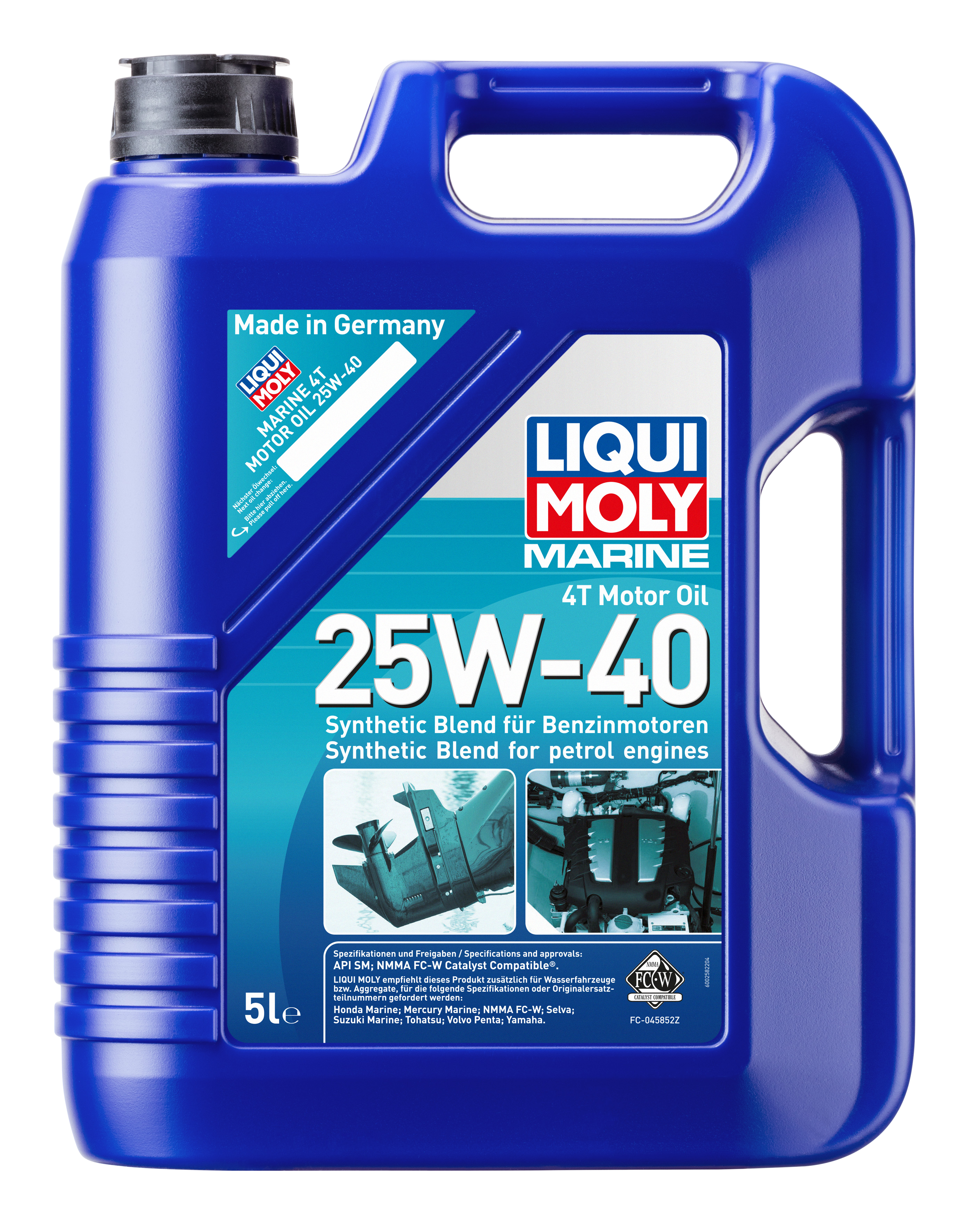 Liqui Moly Marine 4T Motor Oil 25W-40 container, marine engine oil by Liqui Moly, with marine engine and oil label visible.