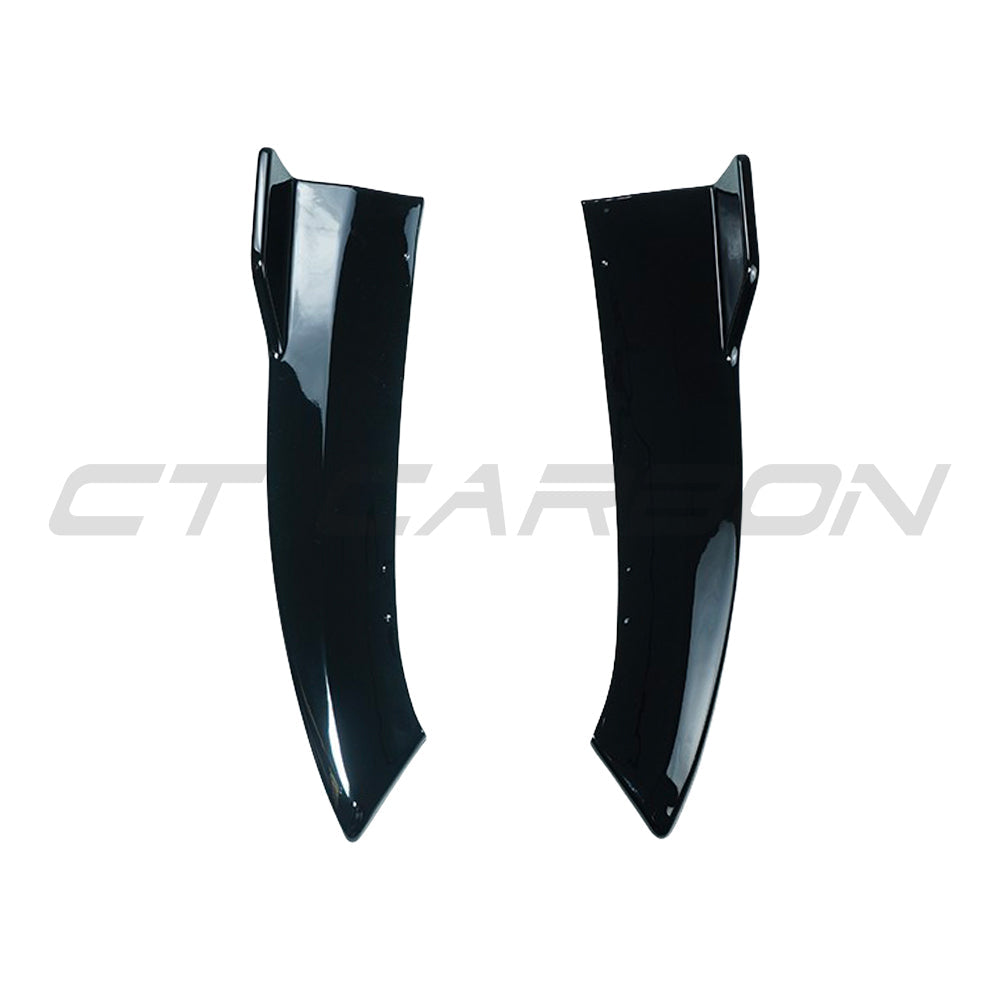 Mercedes W206 2021+ C-Class gloss black rear bumper corner extension by CT Carbon, showing close-up of sleek bumper corners.