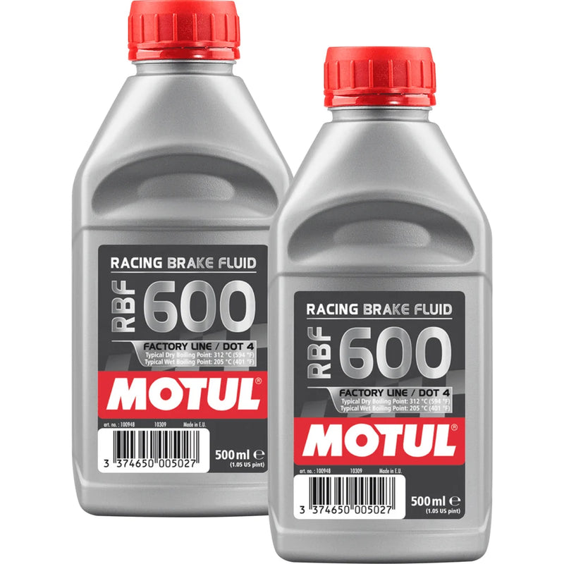 Motul RBF 600 Factory Line Dot 4 brake fluid 1L pack showing two bottles with blue and white labeling for racing brake fluid