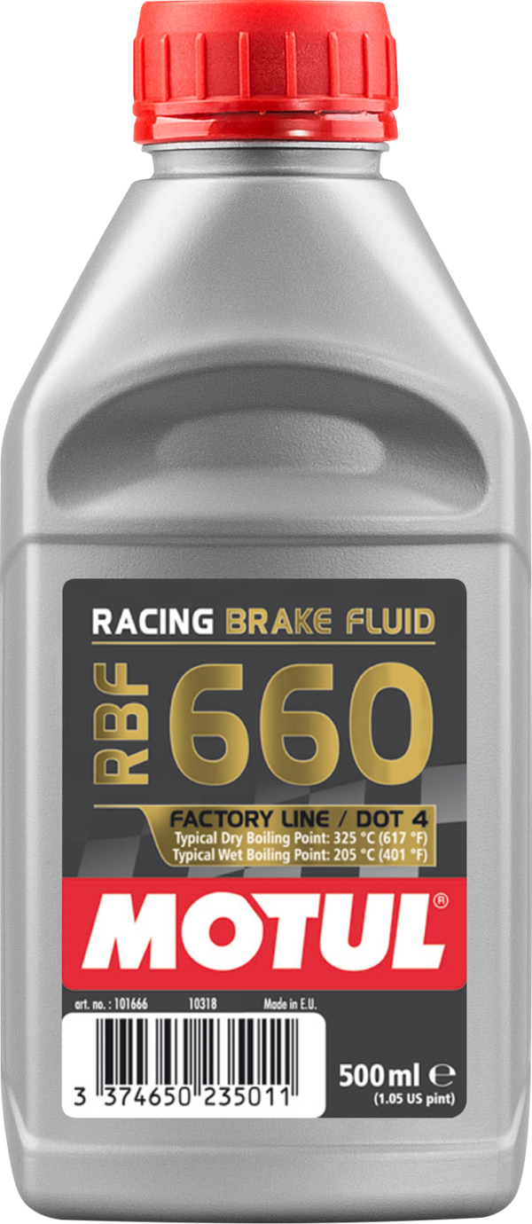 Motul RBF 660 Factory Line DOT 4 brake fluid bottle, 500ml, high-performance racing brake fluid with orange color.