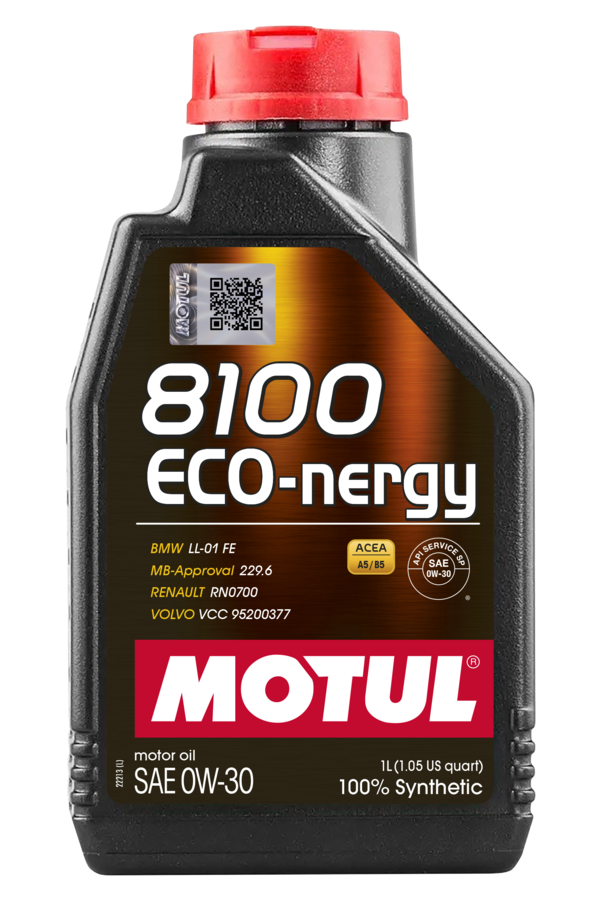 Motor oil container showing Motul 8100 Eco-Nergy 0W-30 engine oil, with branding and product label visible.
