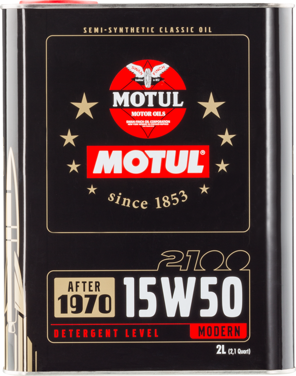 Motul Classic 2100 15W50 engine oil 2-liter container, high-performance motor oil for classic and modern engines.