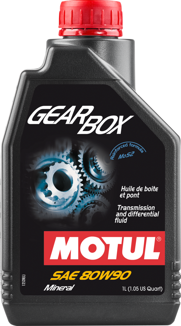 Motul Gearbox 80W90 Technosynthese gear oil in a 1L container, suitable for automotive gearboxes and transmission systems.