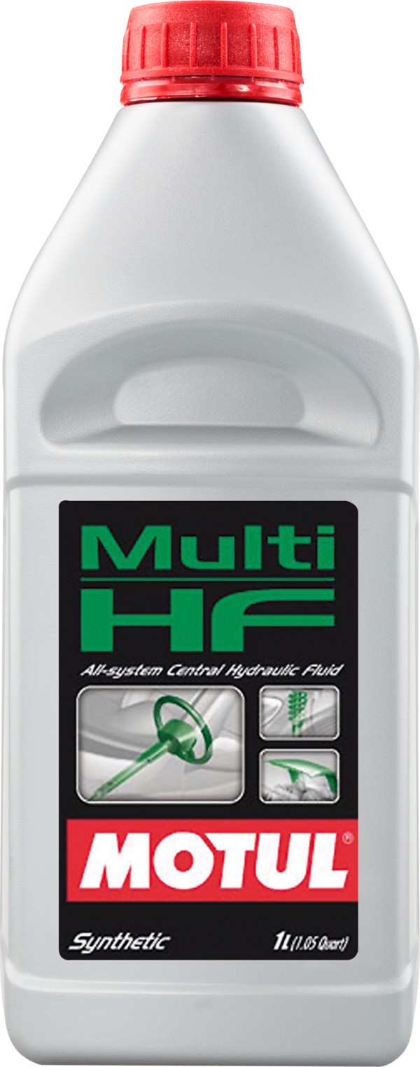 Motul Multi HF synthetic hydraulic fluid in a 1-liter container, designed for vehicle hydraulic systems and machinery.