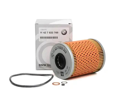 Genuine BMW E36, E46, E85, E86 oil filter 11427833769, showing a clean, new automotive oil filter for BMW vehicles.