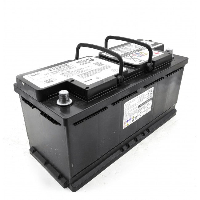 Genuine BMW 105AH AGM 12V battery for F96 model, with black top and terminal posts, designed for vehicle power needs