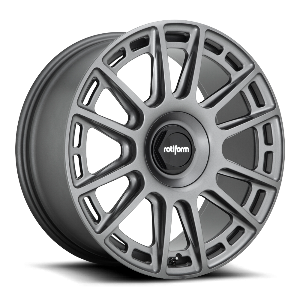 Rotiform OZR wheels in 19x8 size, finished in satin black and matte anthracite, displayed on a car wheel with a modern design.