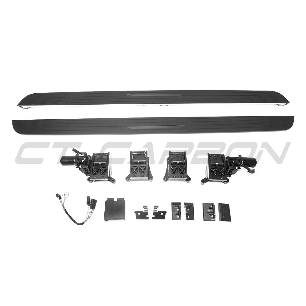 CT Carbon electric fold-out side steps for Range Rover L460 2022+ side skirts, black and sleek with textured surface.