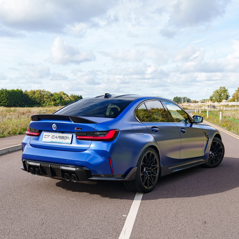 BMW G80 M3 and G20 3 Series carbon fibre spoiler by CT Carbon, showcasing the sleek, aerodynamic design of the V2 spoiler.