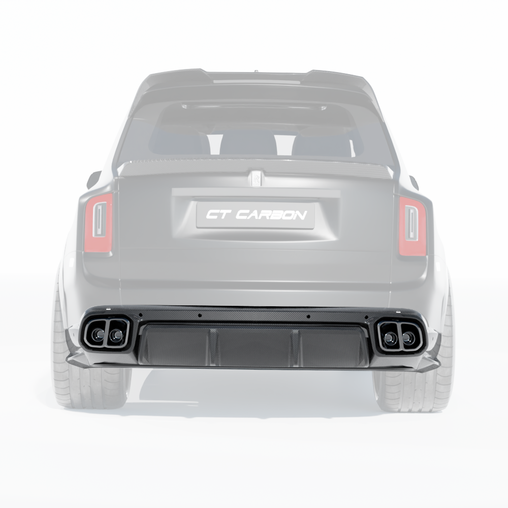 Splitter with carbon fiber diffuser and tips for Rolls Royce Cullinan by CT Carbon, showcasing sleek, high-performance automotive design.