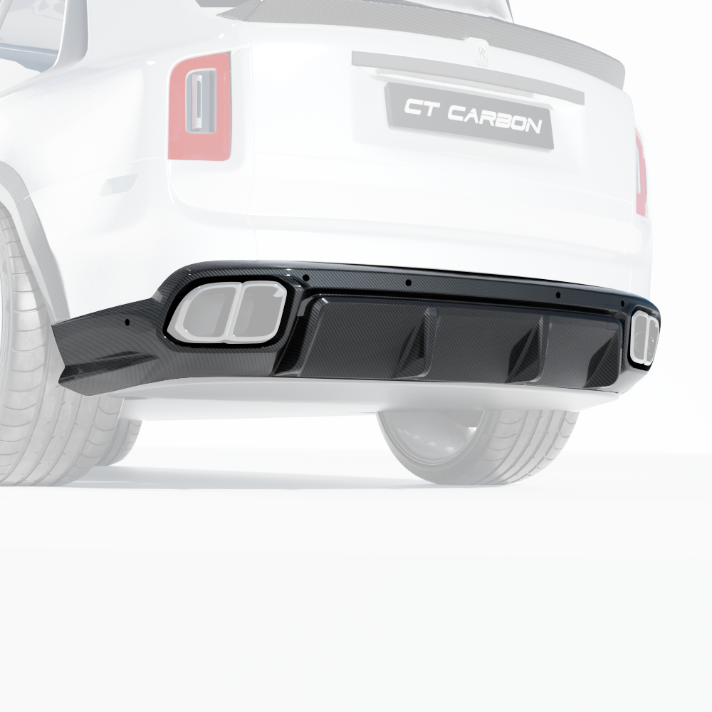 CT Carbon Rolls Royce Cullinan carbon fiber splitter with diffuser and tips, showcasing sleek black automotive performance parts.