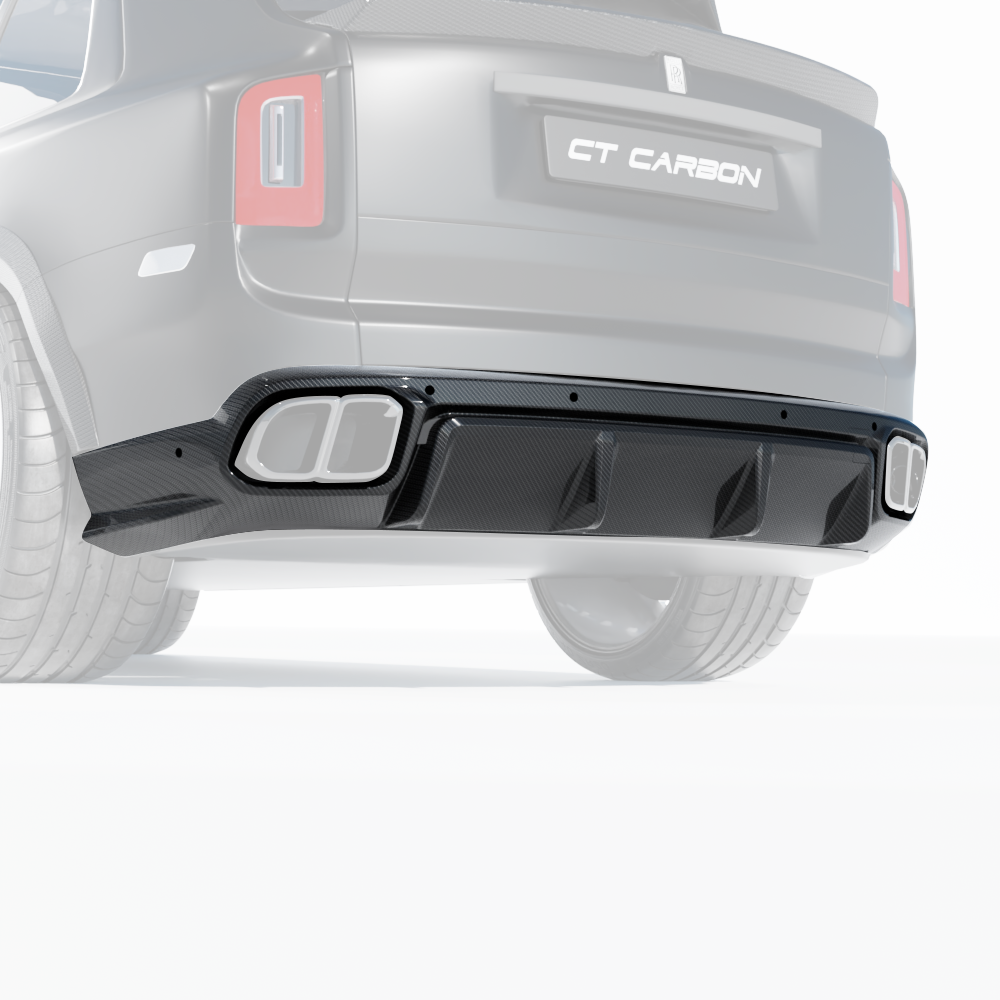 Rolls Royce Cullinan carbon fiber diffuser and tips splitter by CT Carbon, showcasing sleek black carbon fiber details and design.