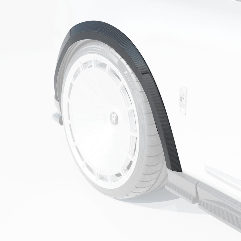 CT Carbon Rolls Royce Cullinan carbon fiber wheel arch extensions installed on the vehicle, enhancing its sporty appearance.