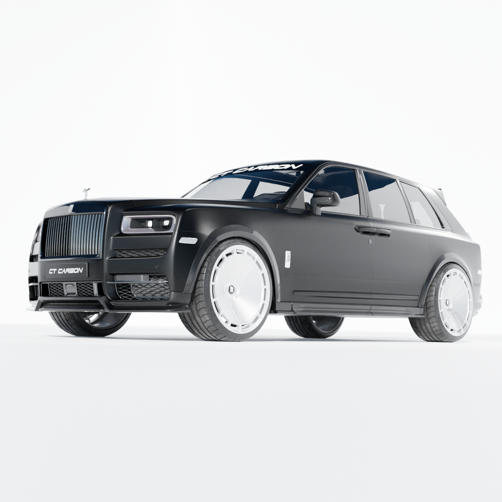 CT Carbon splitters for Rolls Royce Cullinan with carbon fibre wheel arch extensions, featuring sleek, stylish design.