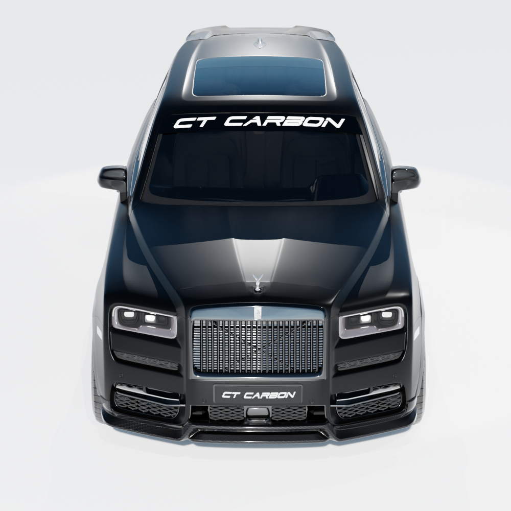 Full car view of Rolls Royce Cullinan with CT Design full carbon fiber kit, showcasing sleek, lightweight carbon fiber accents.