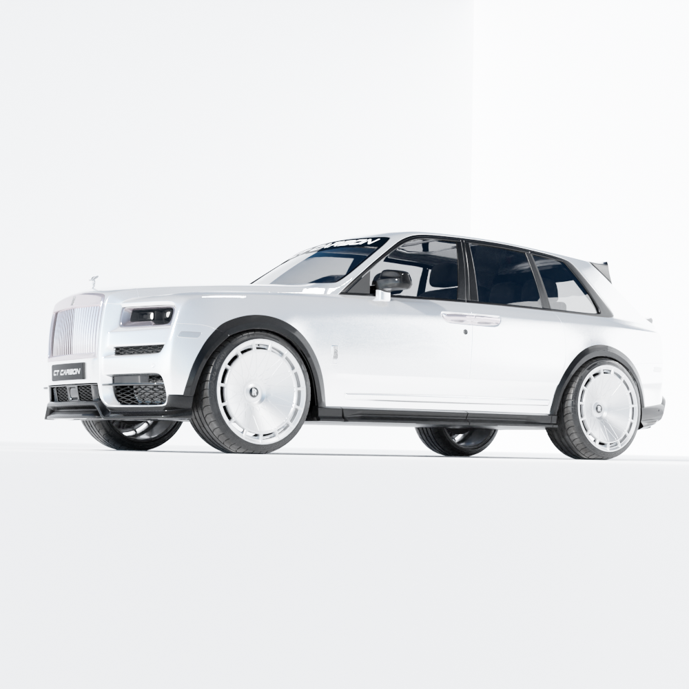 Rolls Royce Cullinan full carbon fiber kit by CT Design, showing carbon fiber panels and sleek automotive detailing.