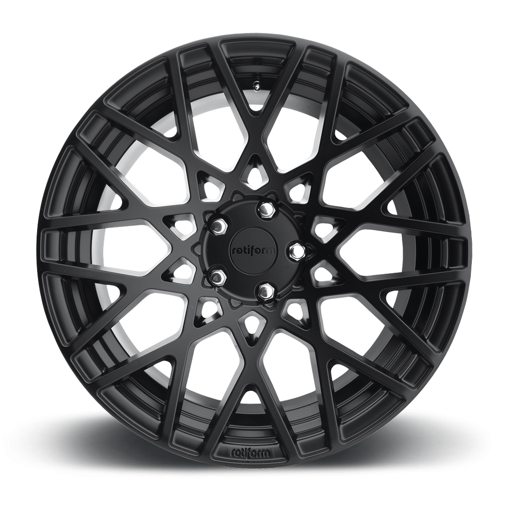 Rotiform BLQ black and machined silver 19x10 wheels shown from the face, highlighting the bold design and contrasting finishes.